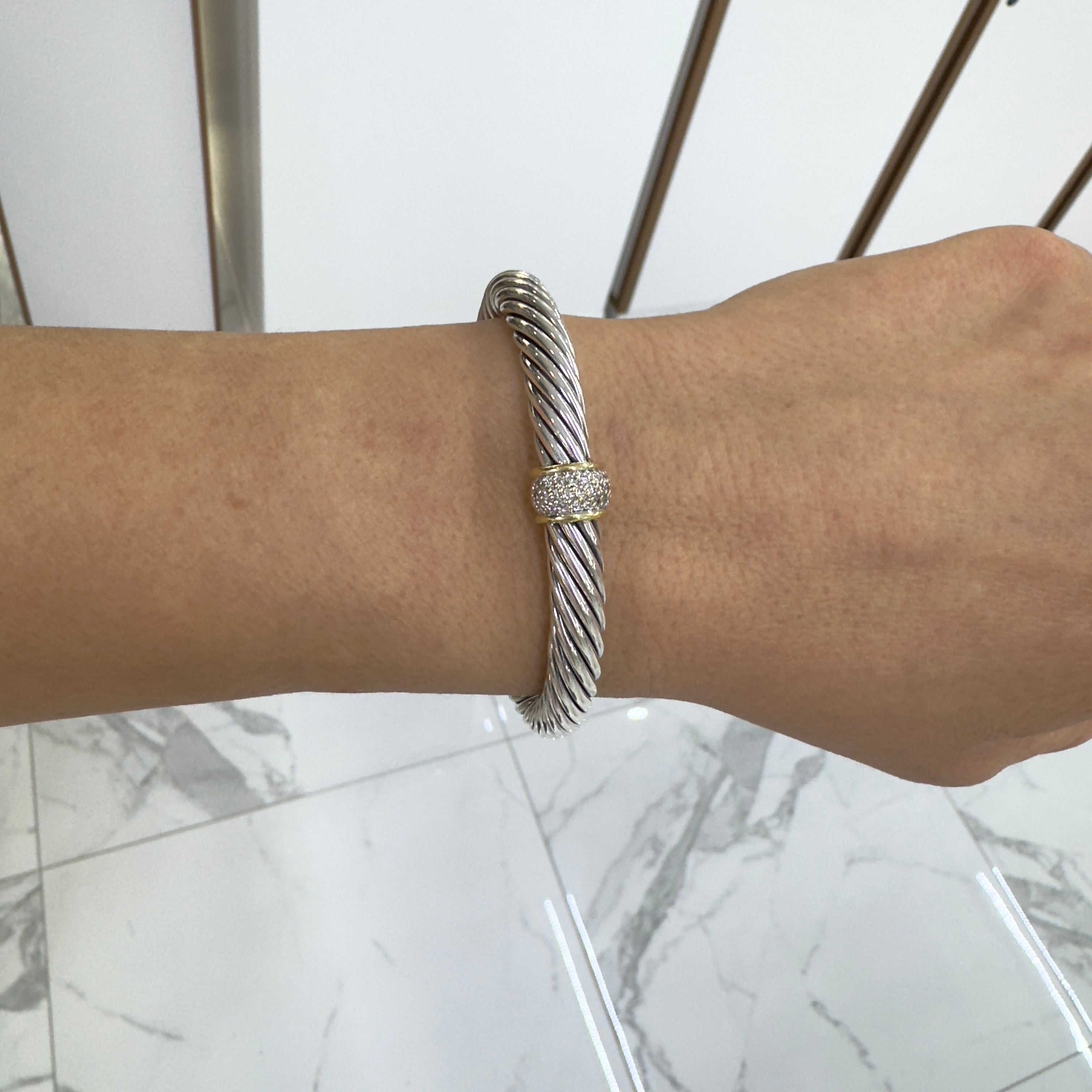 David Yurman 925 Sterling Silver Yellow Gold Diamond Classic Cable Cuff Bracelet