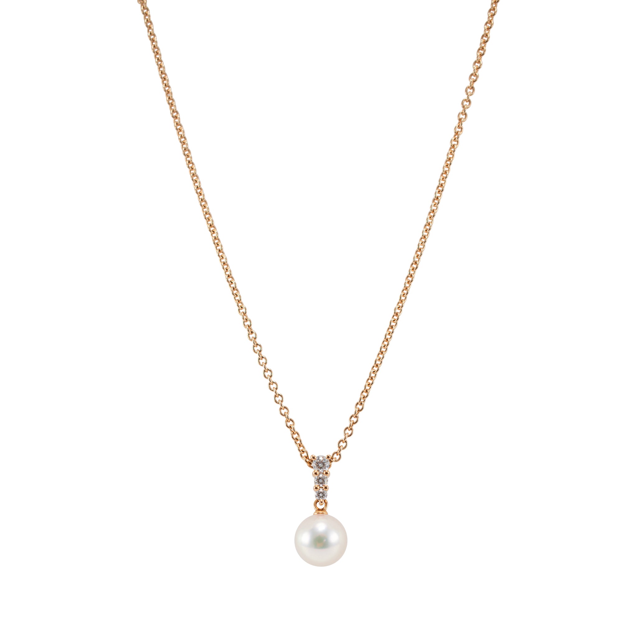 Mikimoto Morning Dew 18K Rose Gold 3 Diamonds 10MM Pearl Pendant Necklace