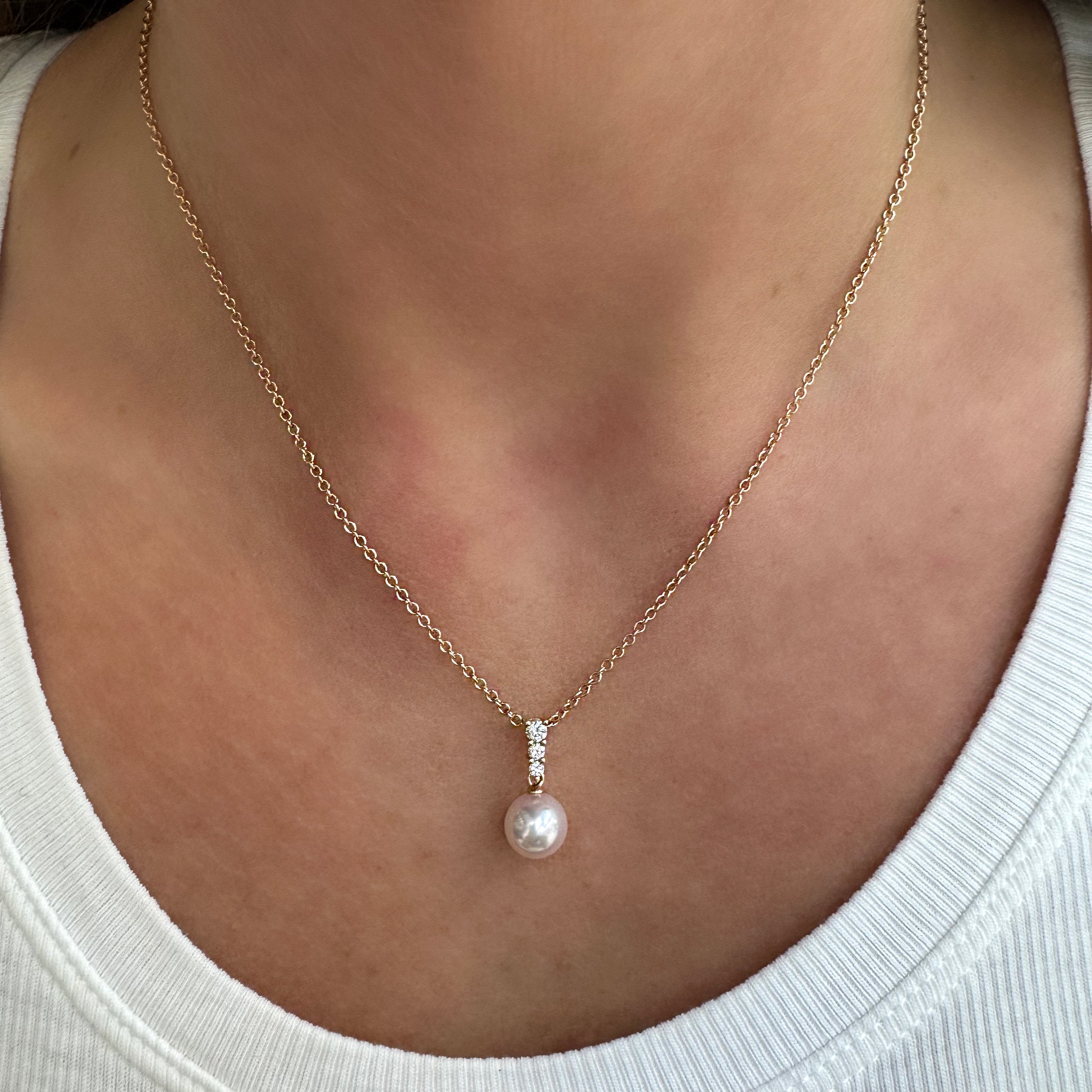 Mikimoto Morning Dew 18K Rose Gold 3 Diamonds 10MM Pearl Pendant Necklace