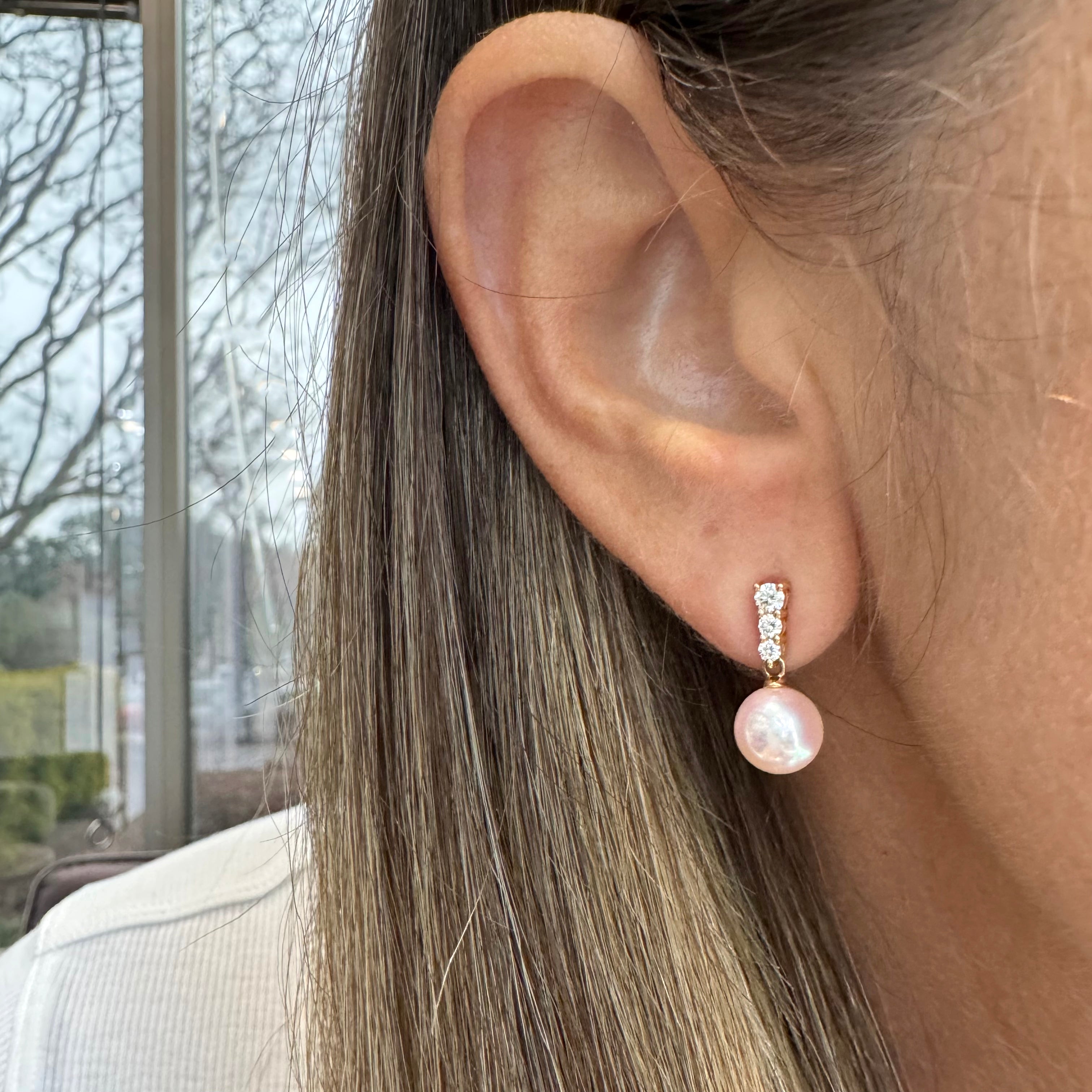Mikimoto Morning Dew 18K Rose Gold Akoya Cultured Pearl Diamond Drop Earrings
