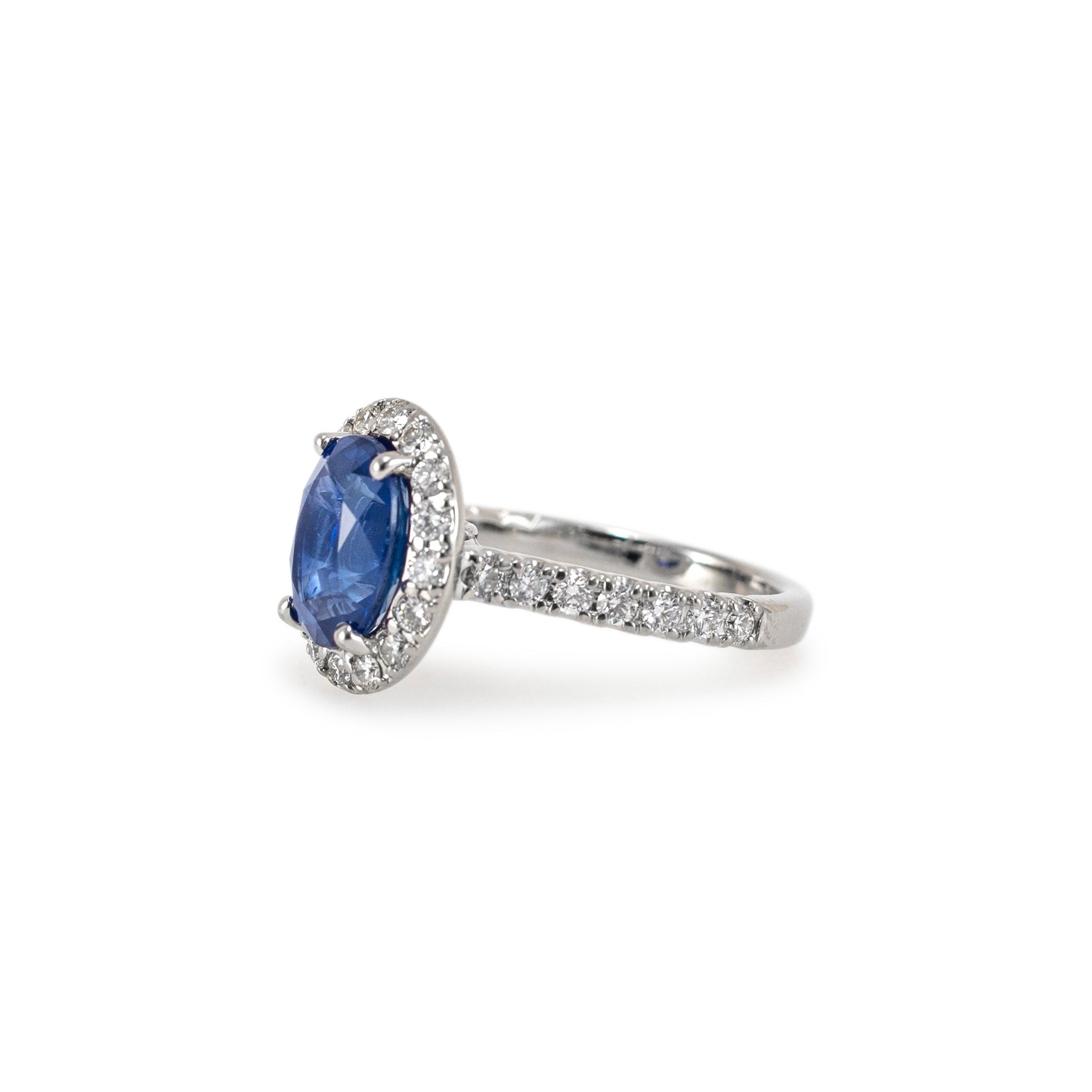 14K White Gold AGL Ceylon 3.54ct Oval Sapphire Halo Diamond Cocktail Ring