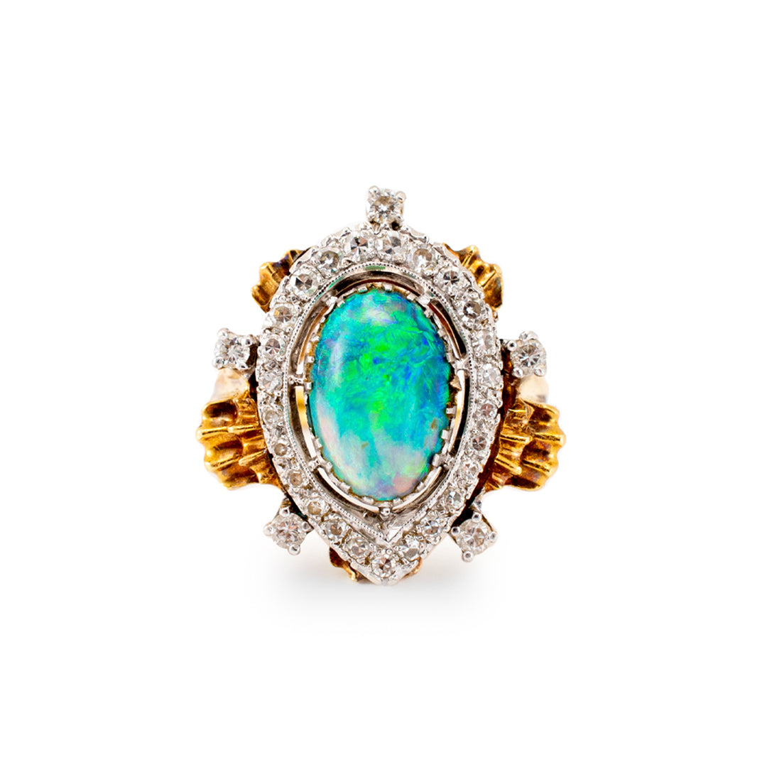 Vintage 18K Yellow Gold & Palladium AGL Australian Opal Diamond Cocktail Ring