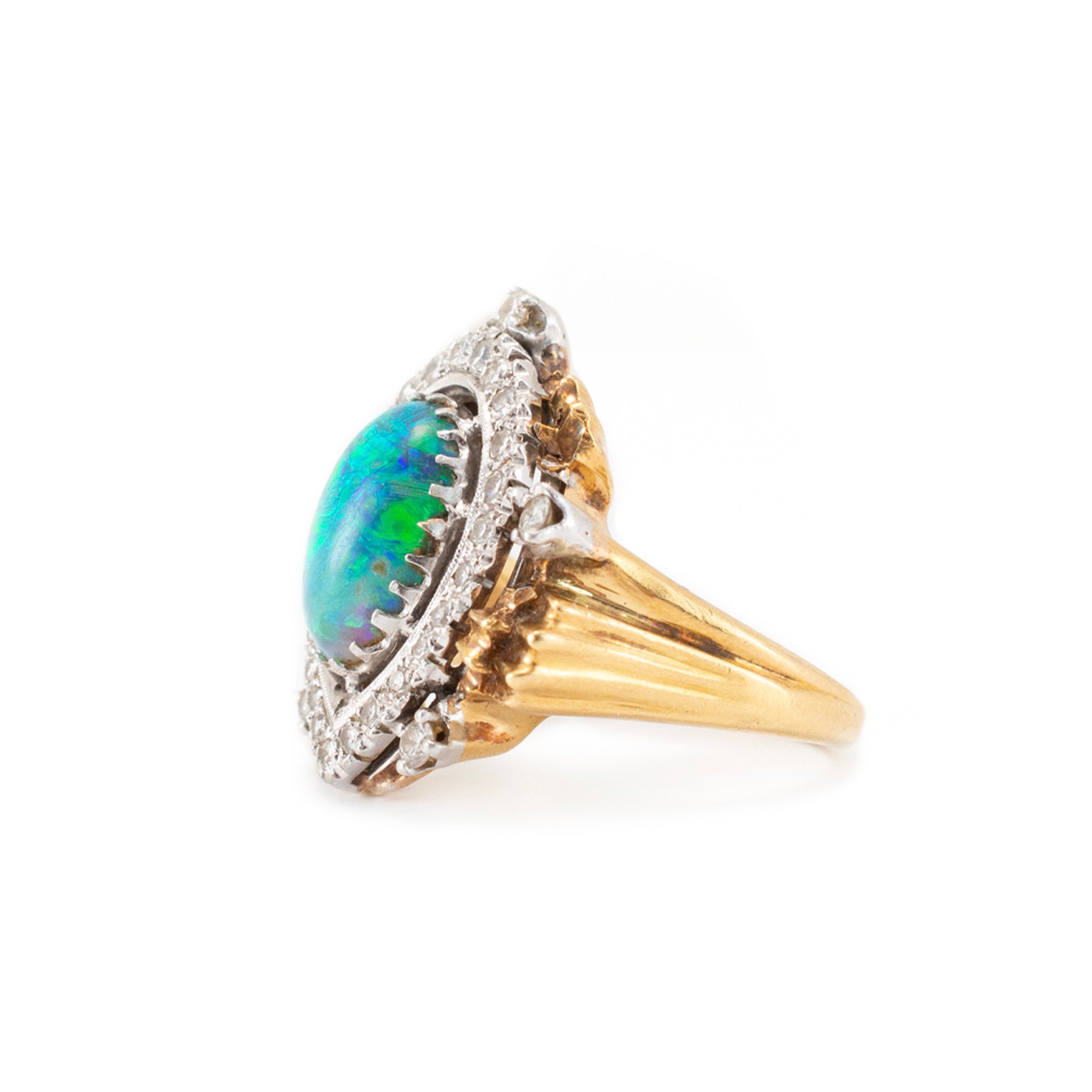 Vintage 18K Yellow Gold & Palladium AGL Australian Opal Diamond Cocktail Ring