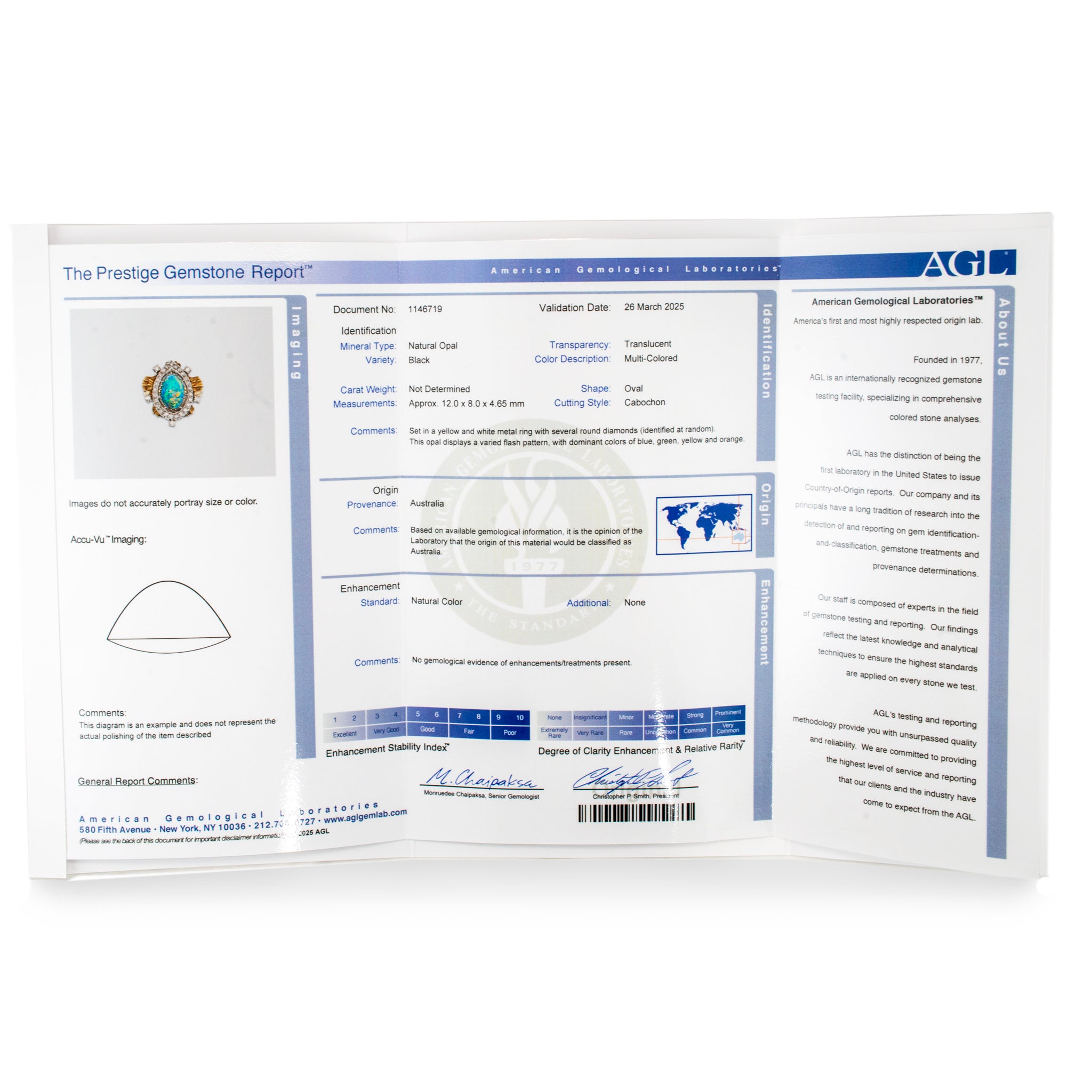 Vintage 18K Yellow Gold & Palladium AGL Australian Opal Diamond Cocktail Ring