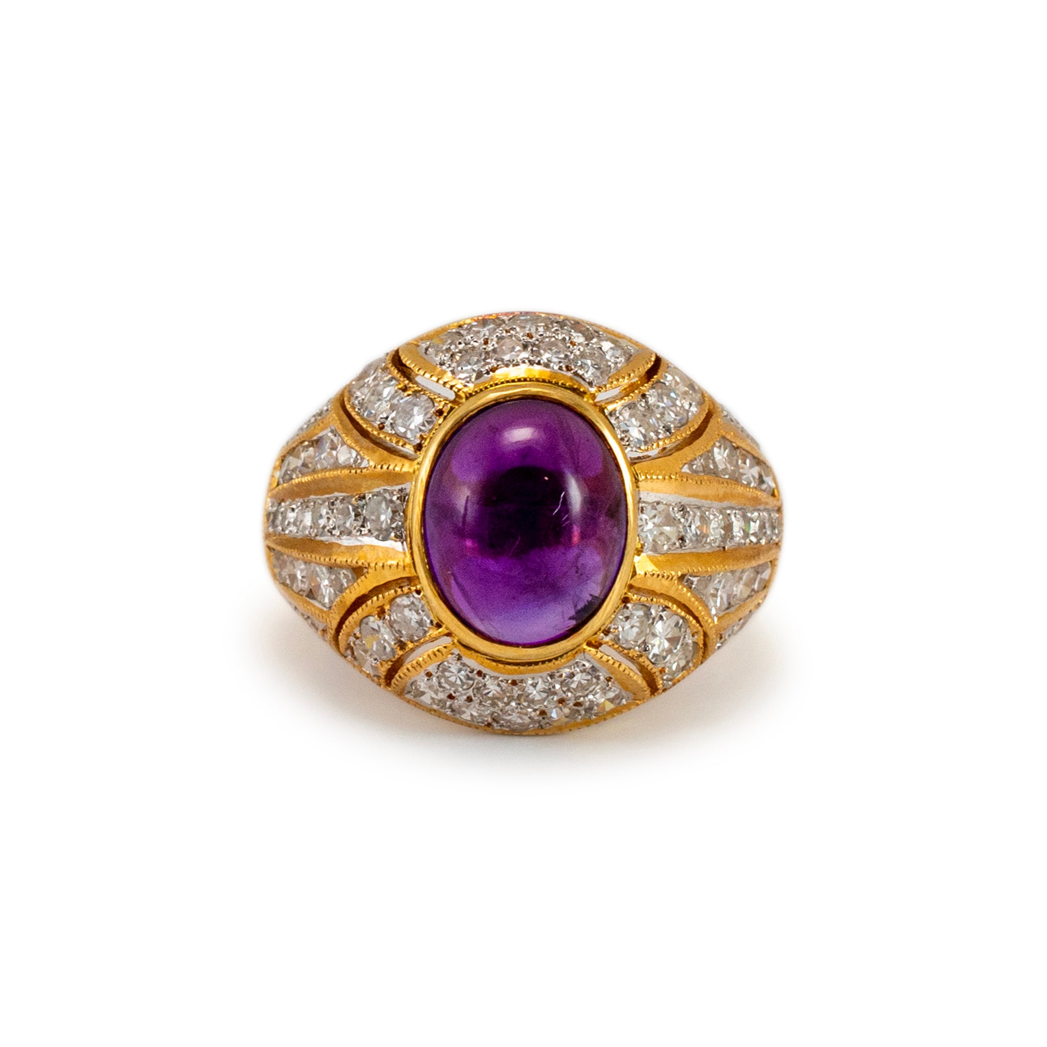 Vintage 18K Yellow Gold Oval Amethyst Accented Diamond Cocktail Ring