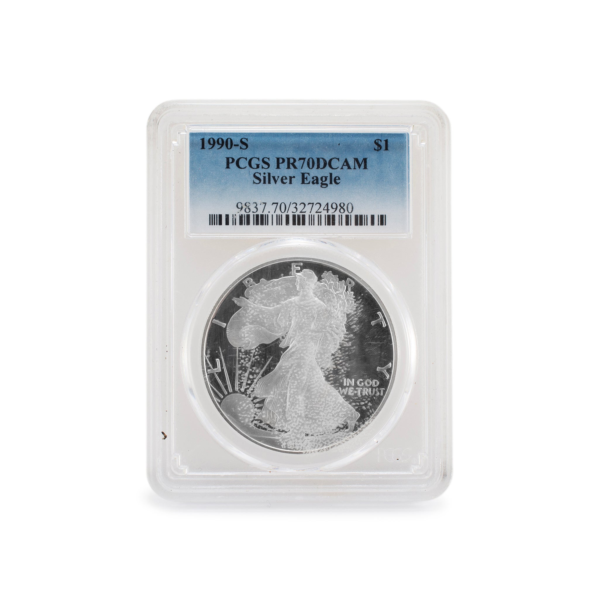 1990-S PCGS PR70DCAM 1OZ 999 Silver $1 American Eagle Liberty Coin