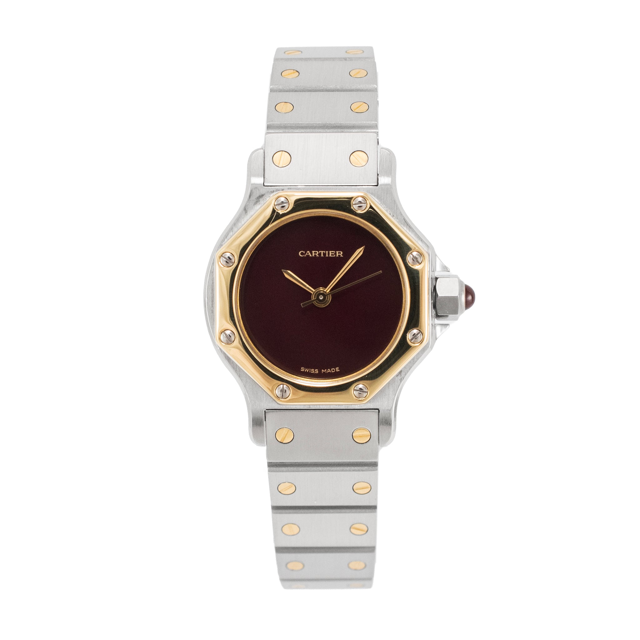 Ladies Cartier Santos Octagon 25MM 0907 Burgundy Gold Steel Automatic Watch
