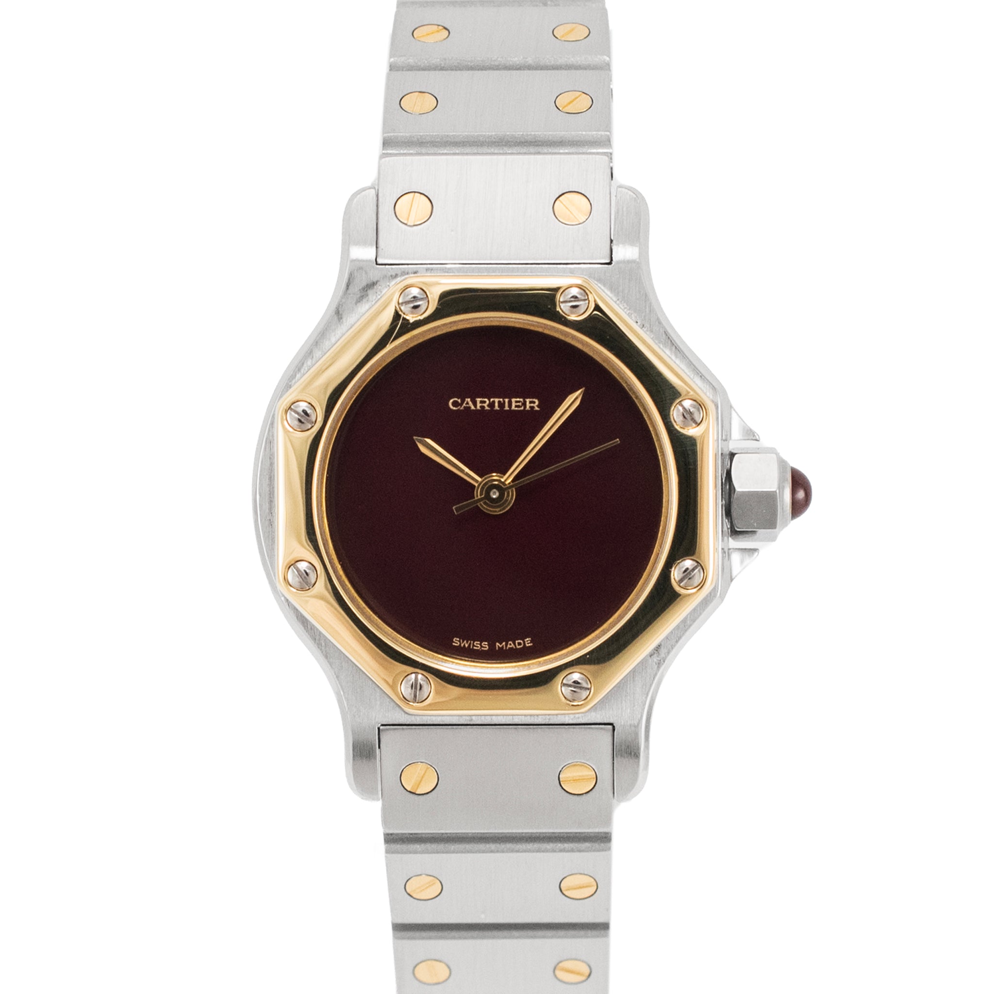 Ladies Cartier Santos Octagon 25MM 0907 Burgundy Gold Steel Automatic Watch