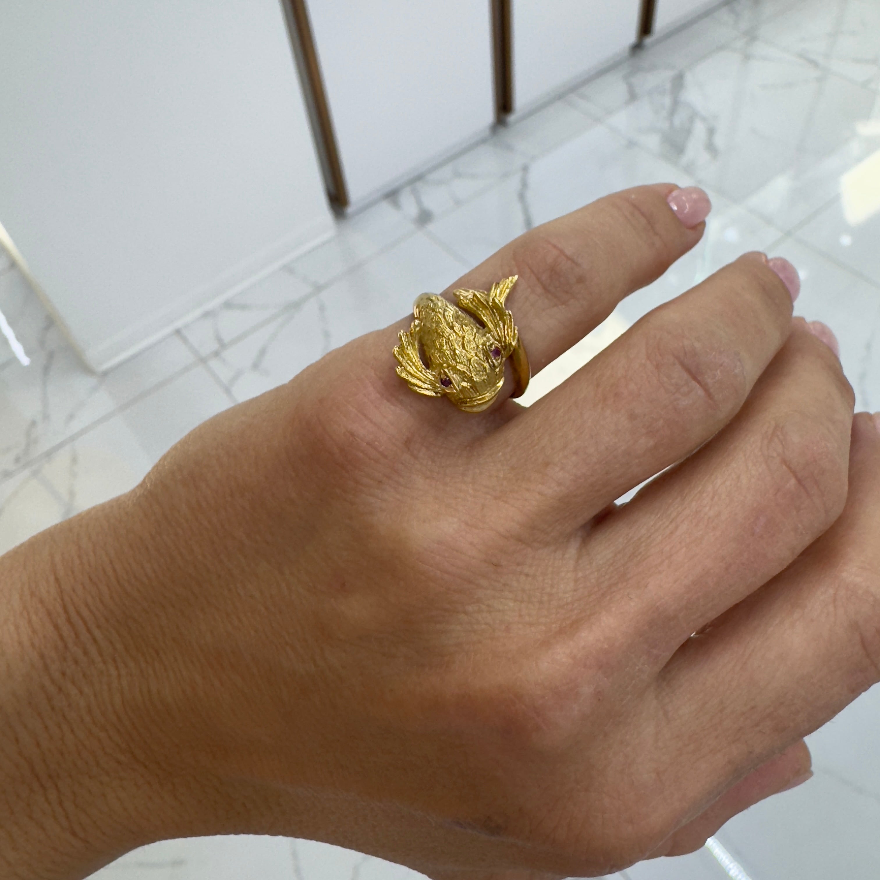 Vintage 18K Yellow Gold Ruby Koi Fish Cocktail Ring