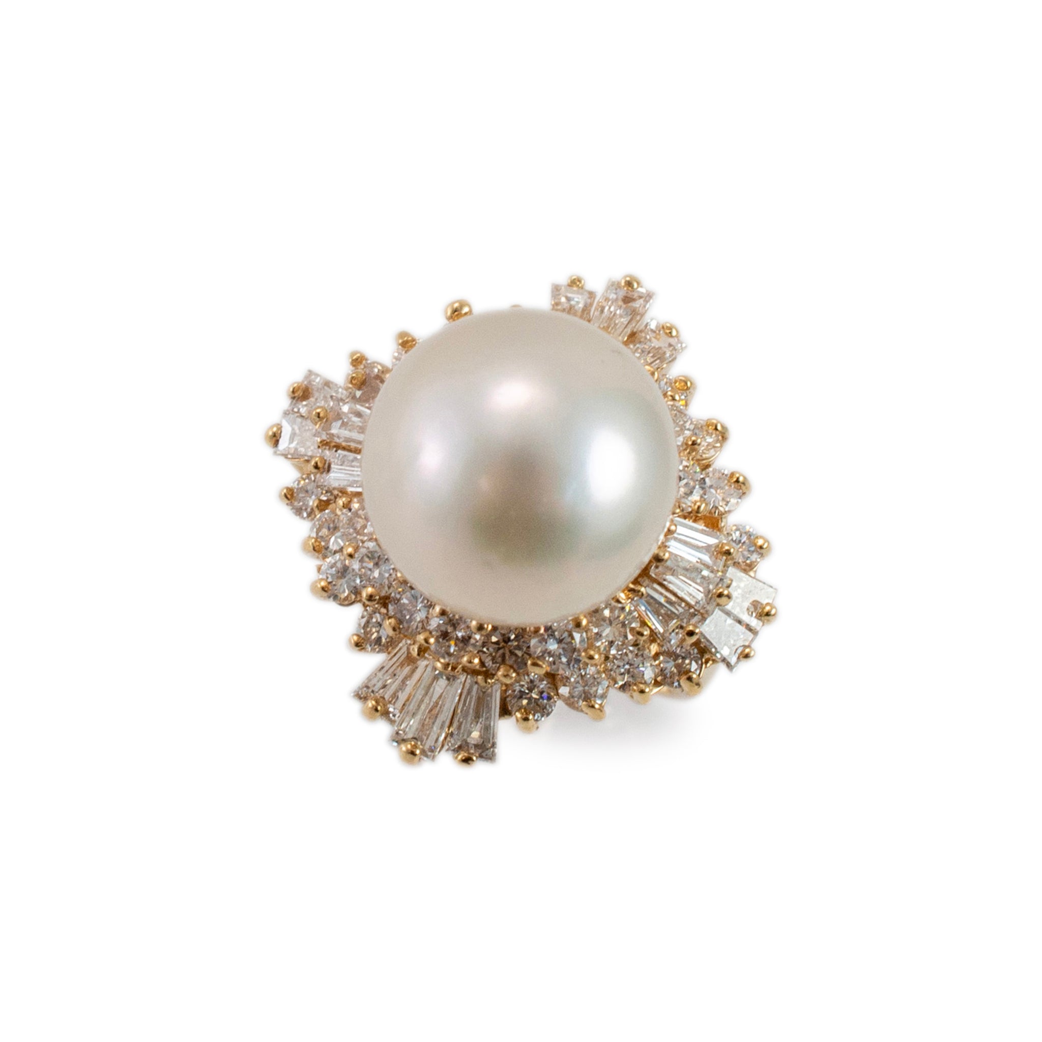 Ladies 14K Yellow Gold Pearl Double Halo Baguette & Round Diamond Cocktail Ring