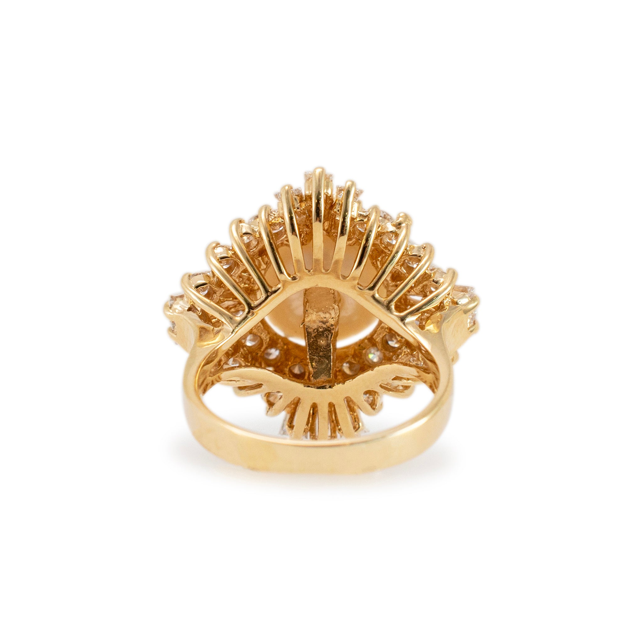 Ladies 14K Yellow Gold Pearl Double Halo Baguette & Round Diamond Cocktail Ring