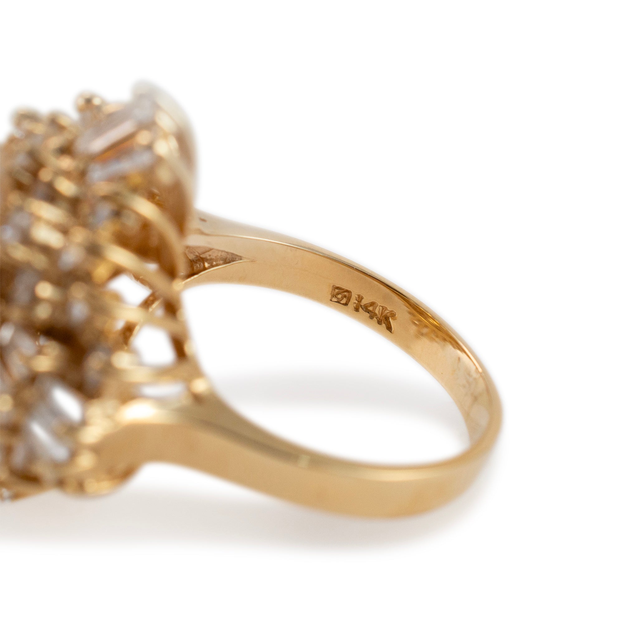 Ladies 14K Yellow Gold Pearl Double Halo Baguette & Round Diamond Cocktail Ring