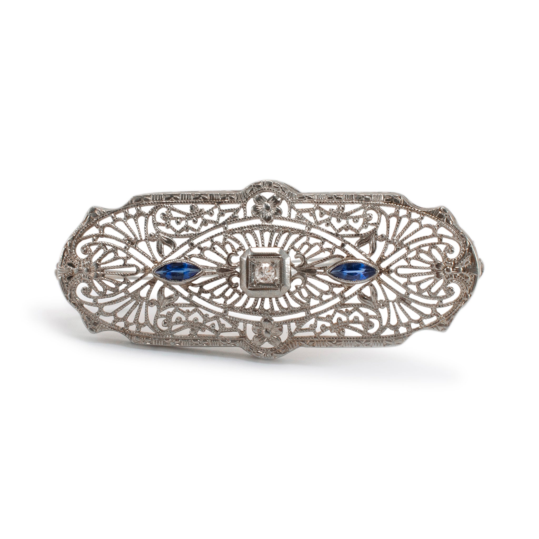 Antique Art Deco 10K White Gold Filigreed Diamond & Sapphire Brooch