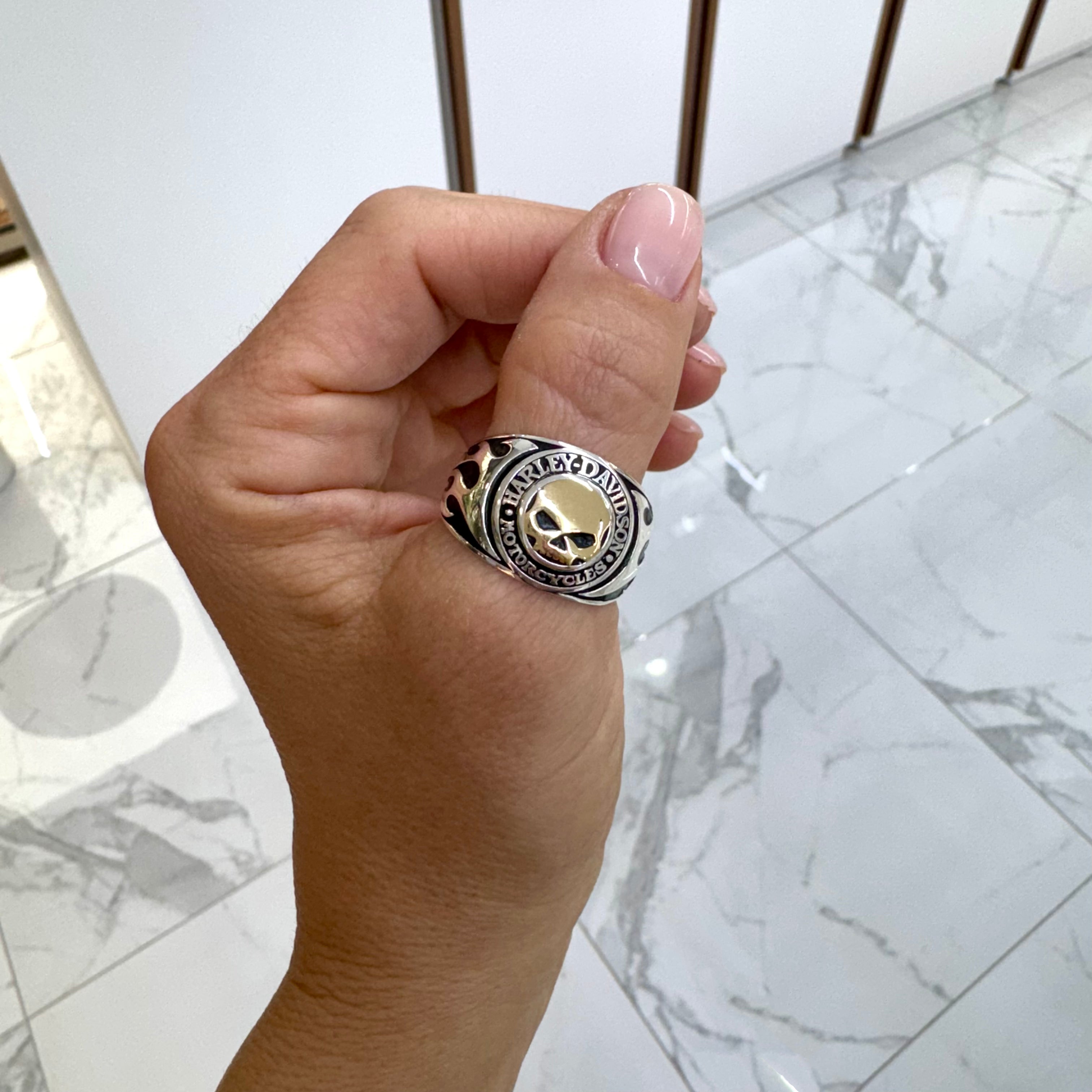 Harley-Davidson 925 Sterling Silver 14K Yellow Gold Skull Band Ring