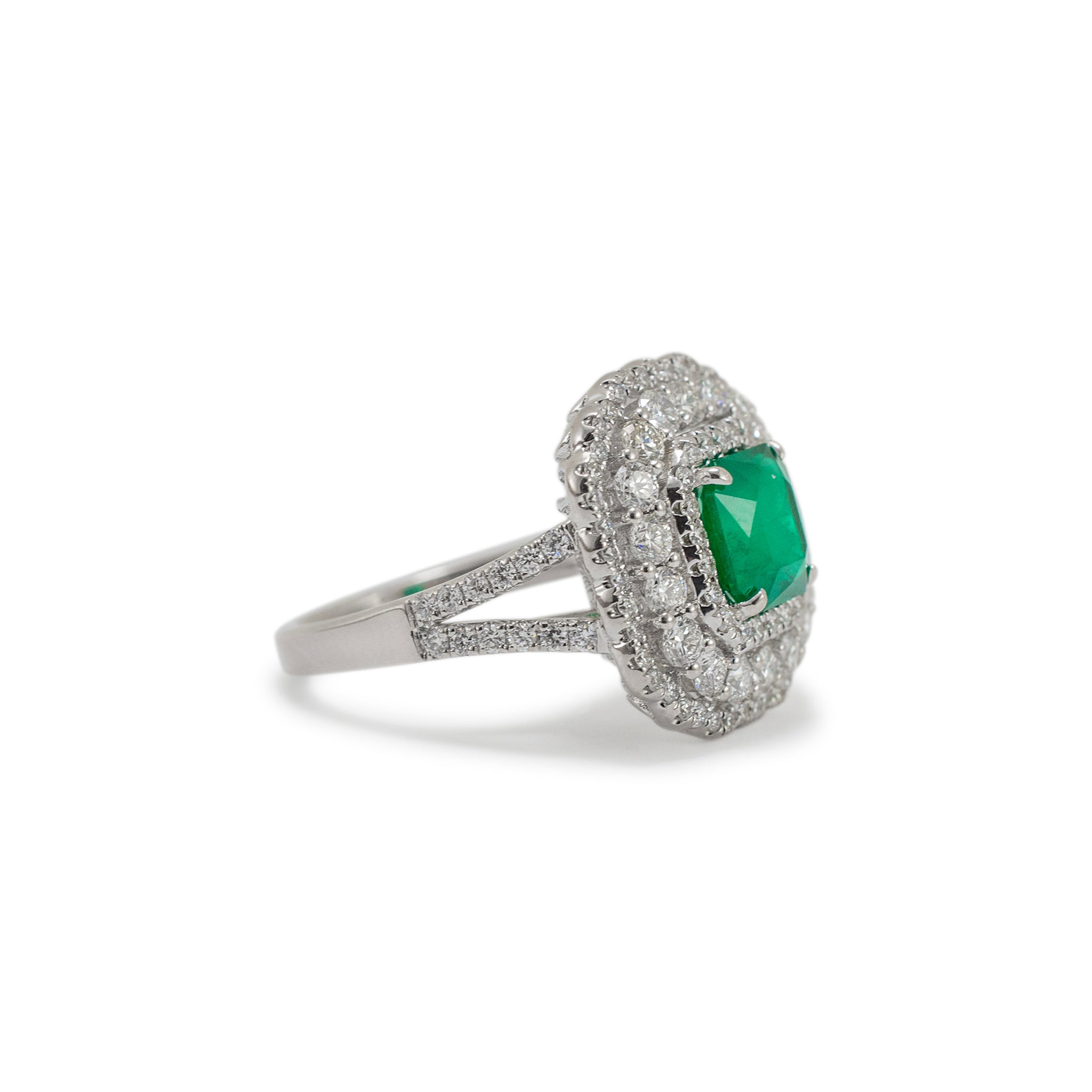 Ladies 18K White Gold Emerald Triple Halo Accented Diamond Cocktail Ring