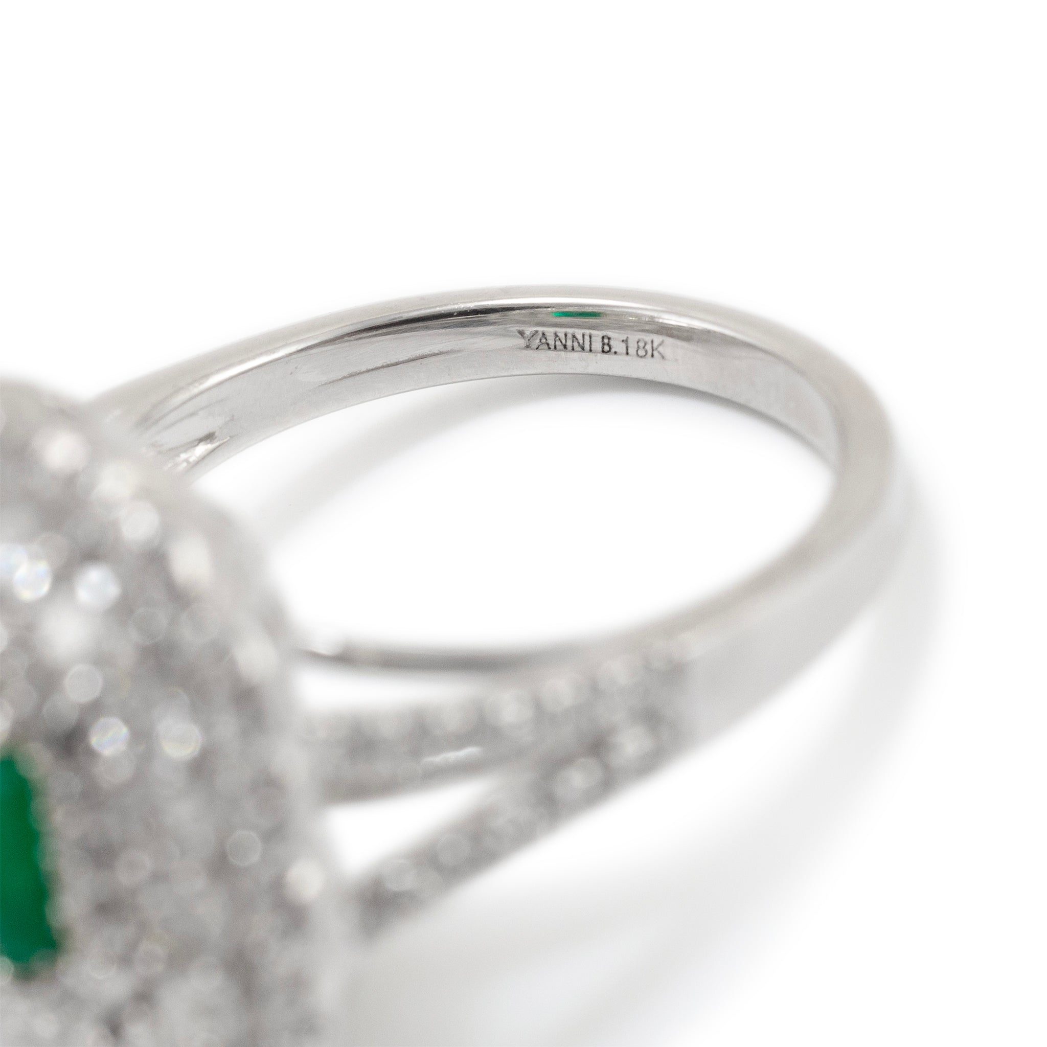 Ladies 18K White Gold Emerald Triple Halo Accented Diamond Cocktail Ring