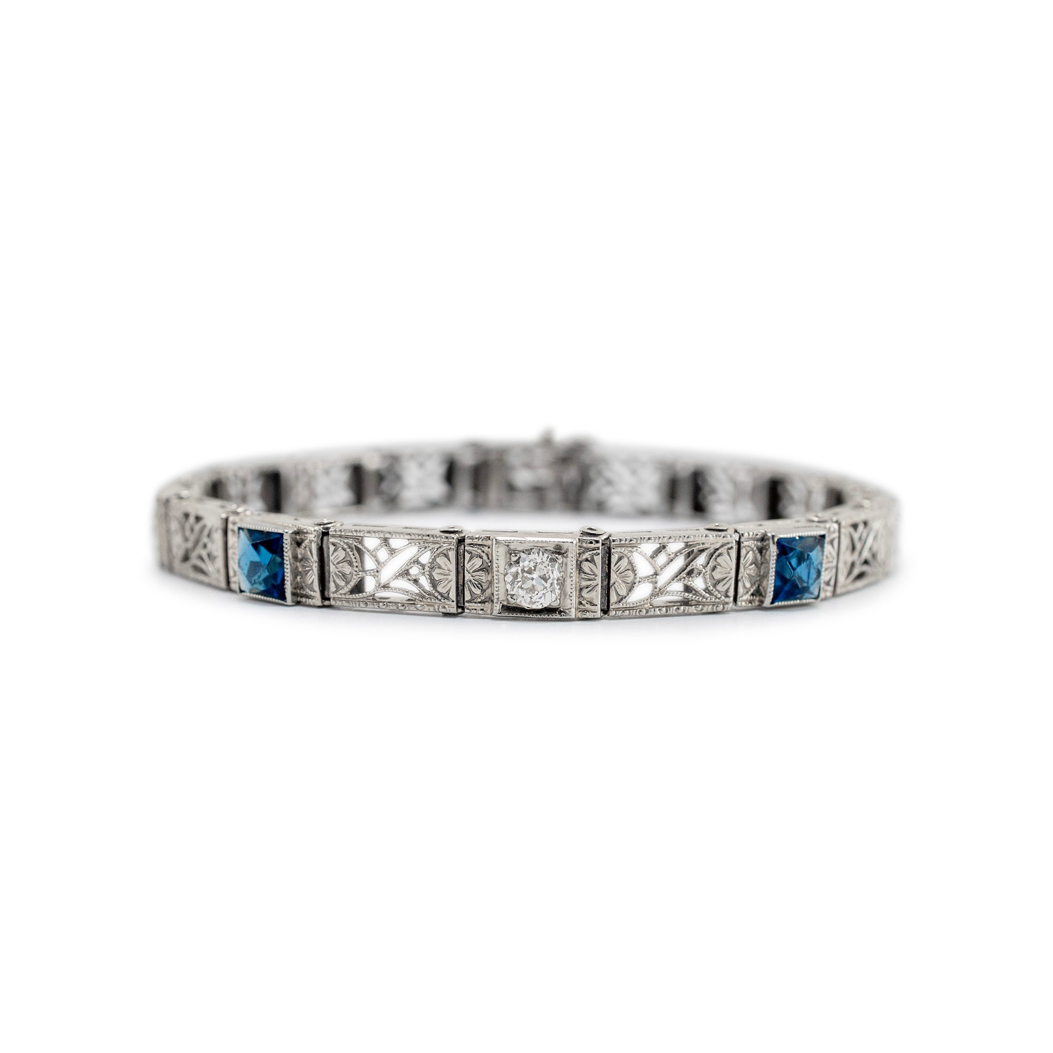 Antique Art Deco 14K White Gold Old European Cut Diamond Sapphire Link Bracelet