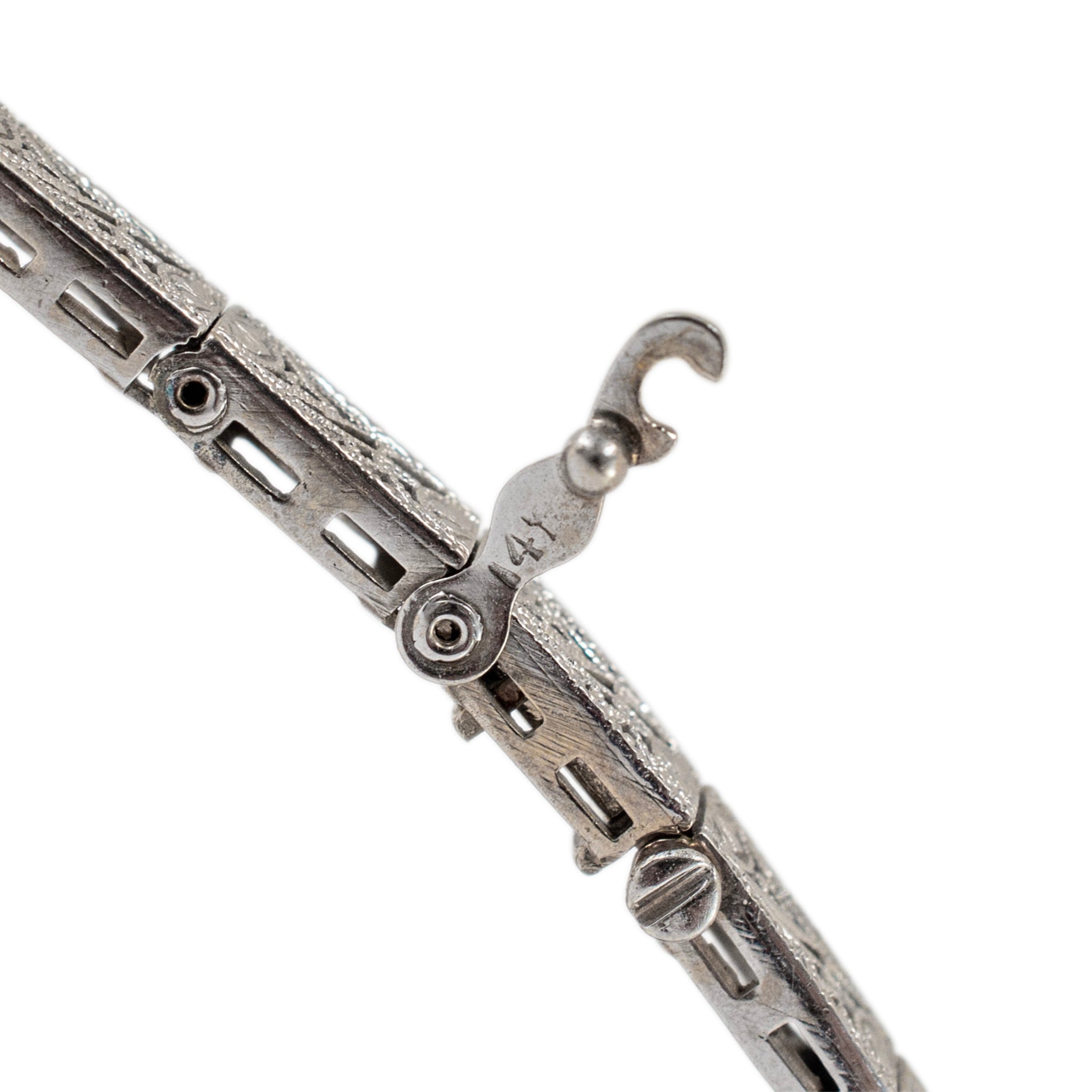 Antique Art Deco 14K White Gold Old European Cut Diamond Sapphire Link Bracelet