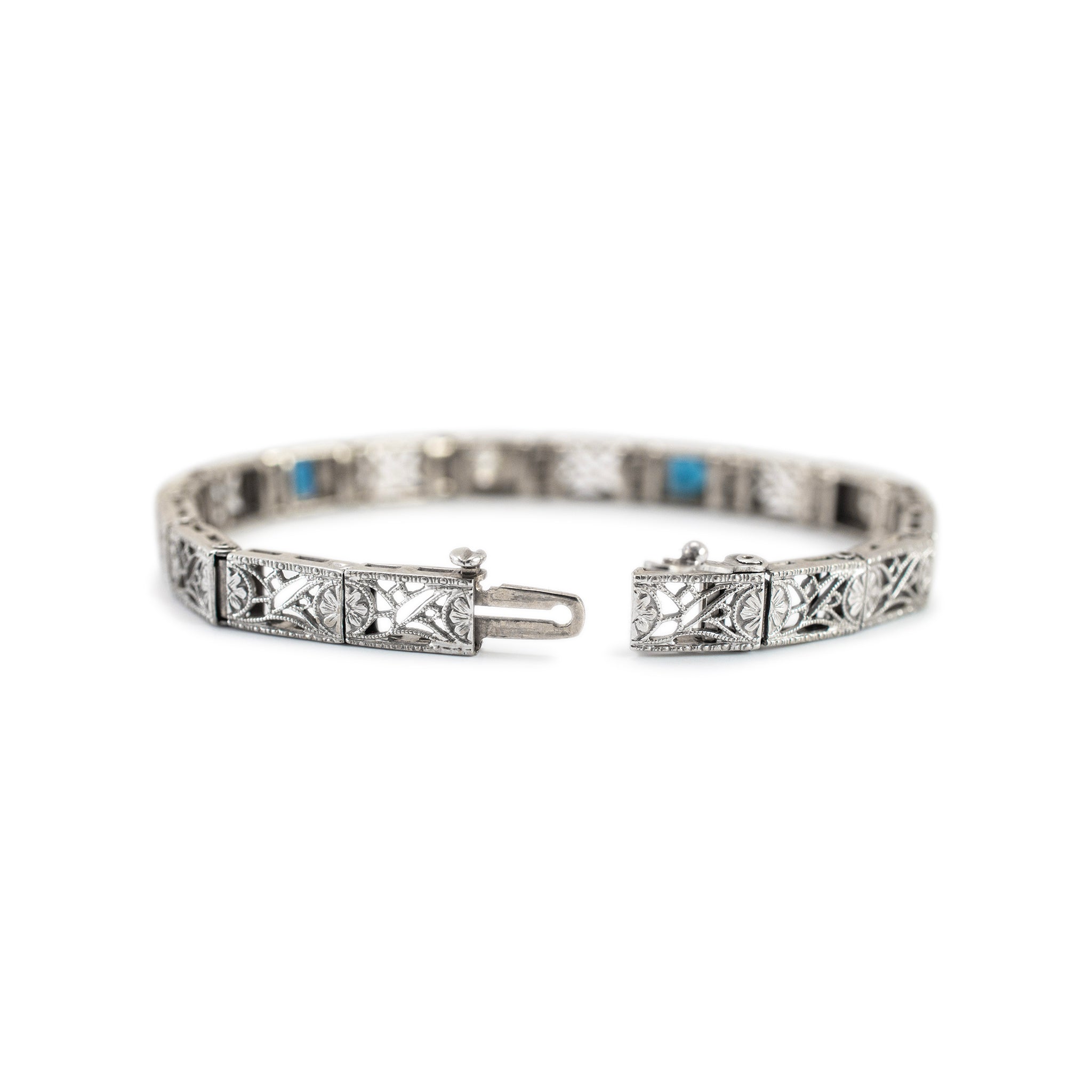 Antique Art Deco 14K White Gold Old European Cut Diamond Sapphire Link Bracelet