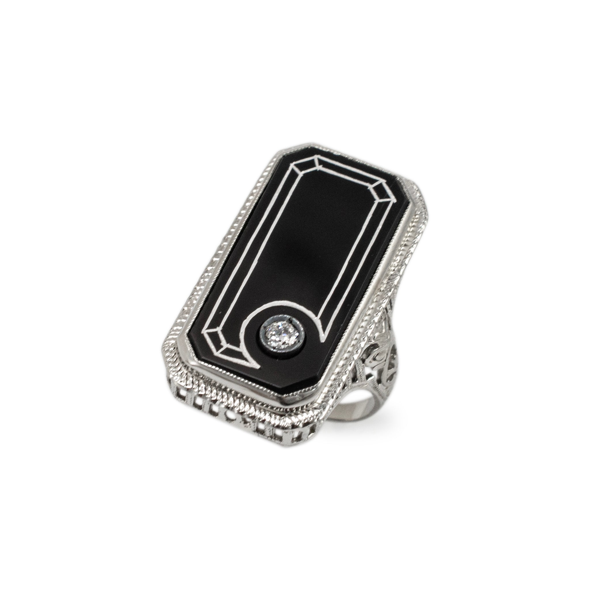 Antique 18K White Gold Rectangular Black Onyx Circular Diamond Cocktail Ring