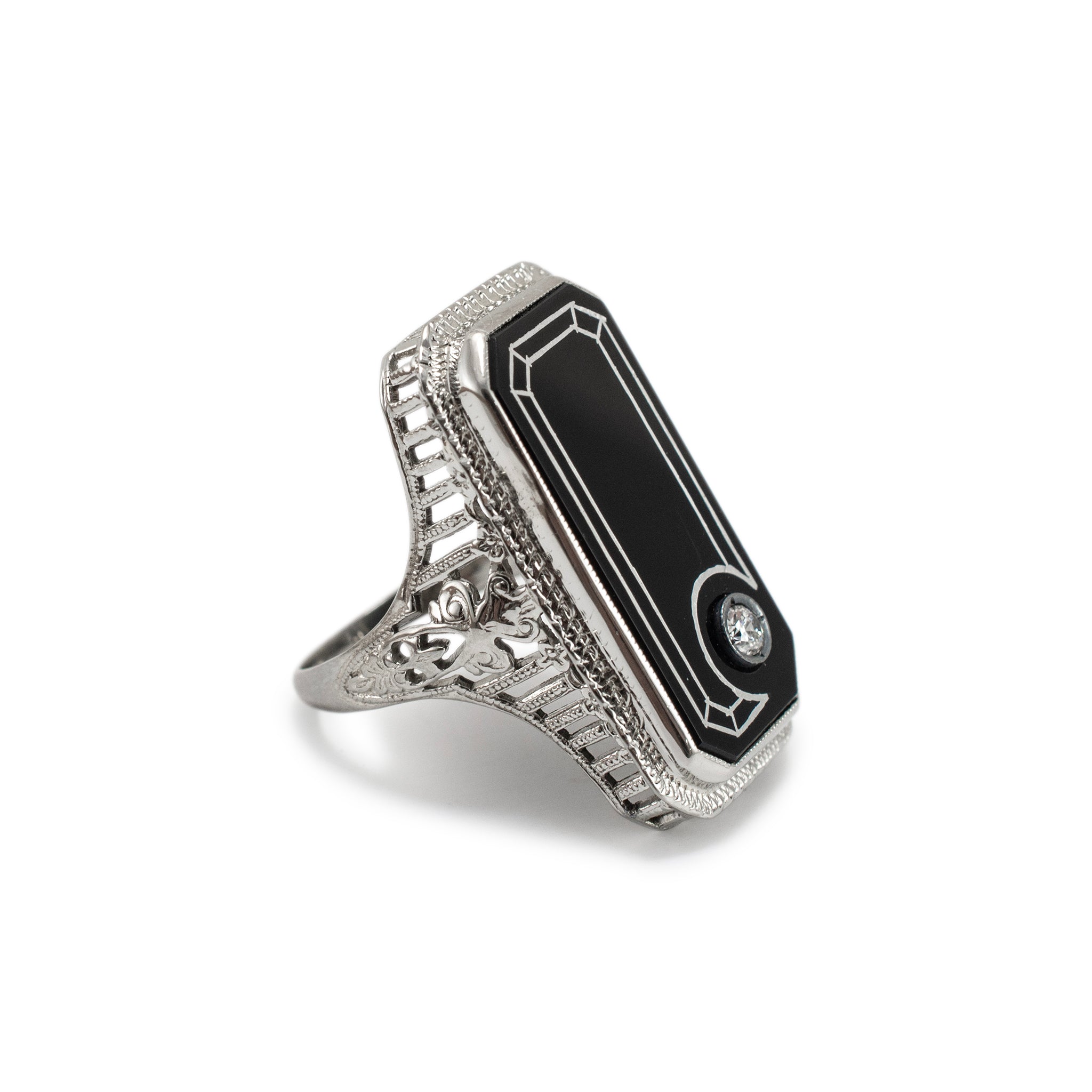 Antique 18K White Gold Rectangular Black Onyx Circular Diamond Cocktail Ring