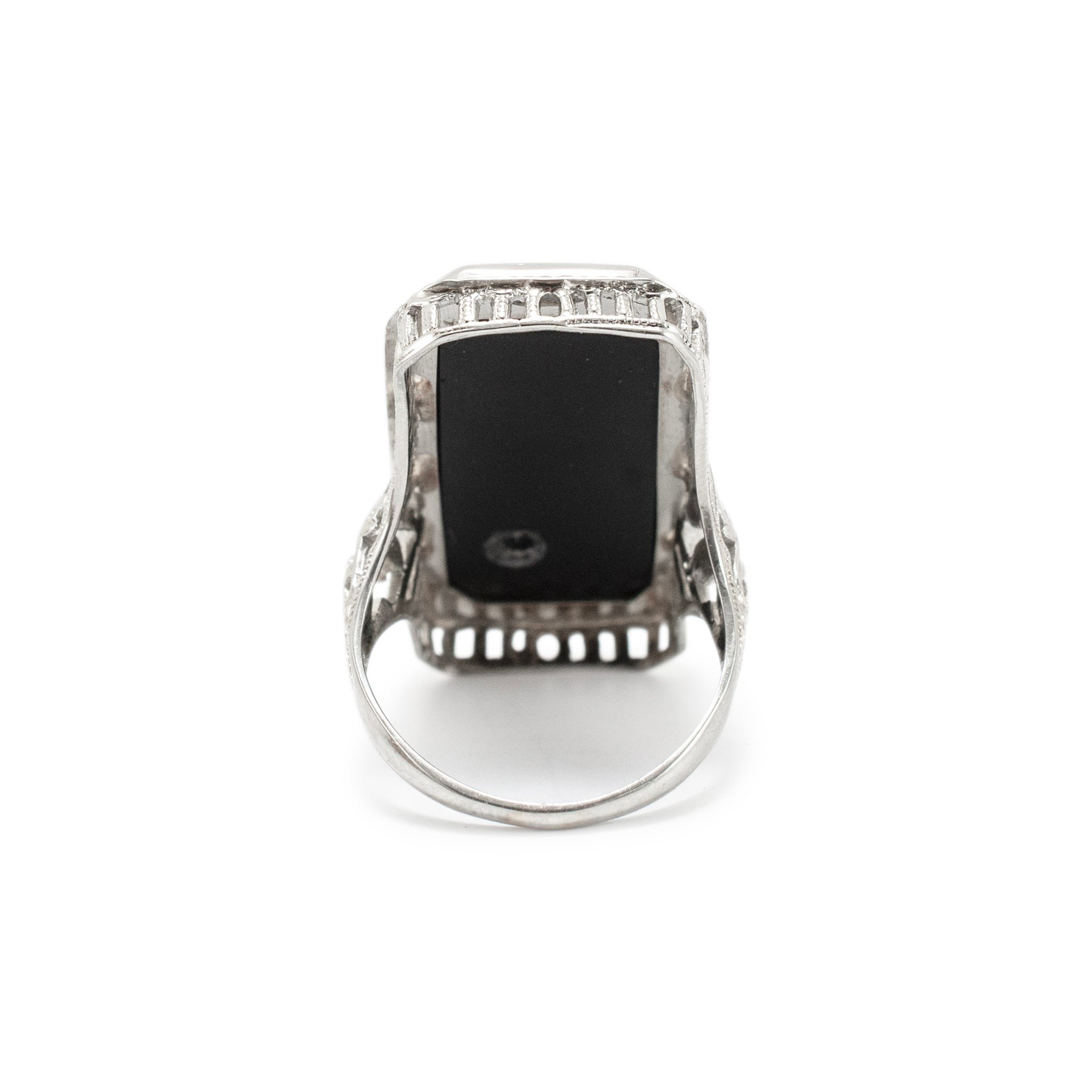 Antique 18K White Gold Rectangular Black Onyx Circular Diamond Cocktail Ring