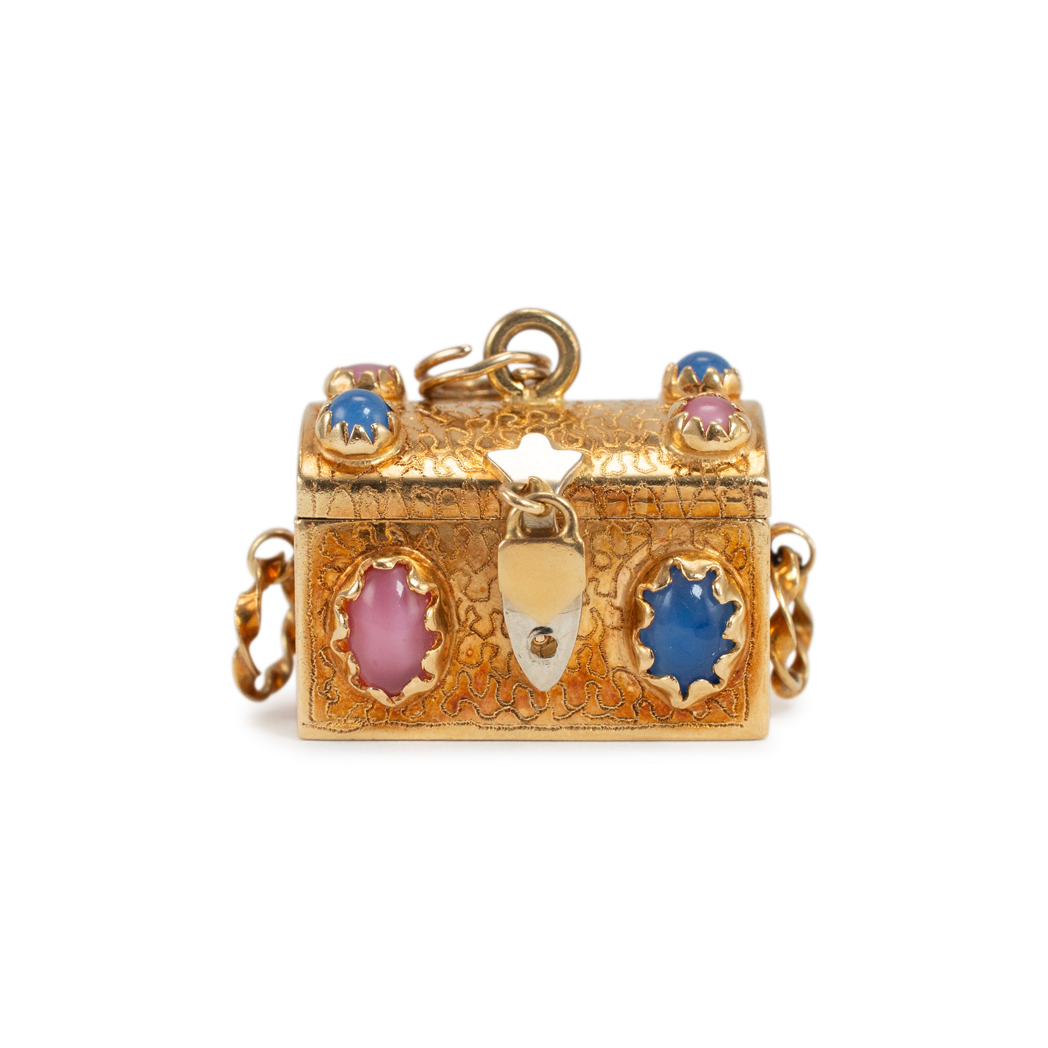 Vintage 18K Yellow Gold Treasure Chest With Multicolored Charm Gems Pendant