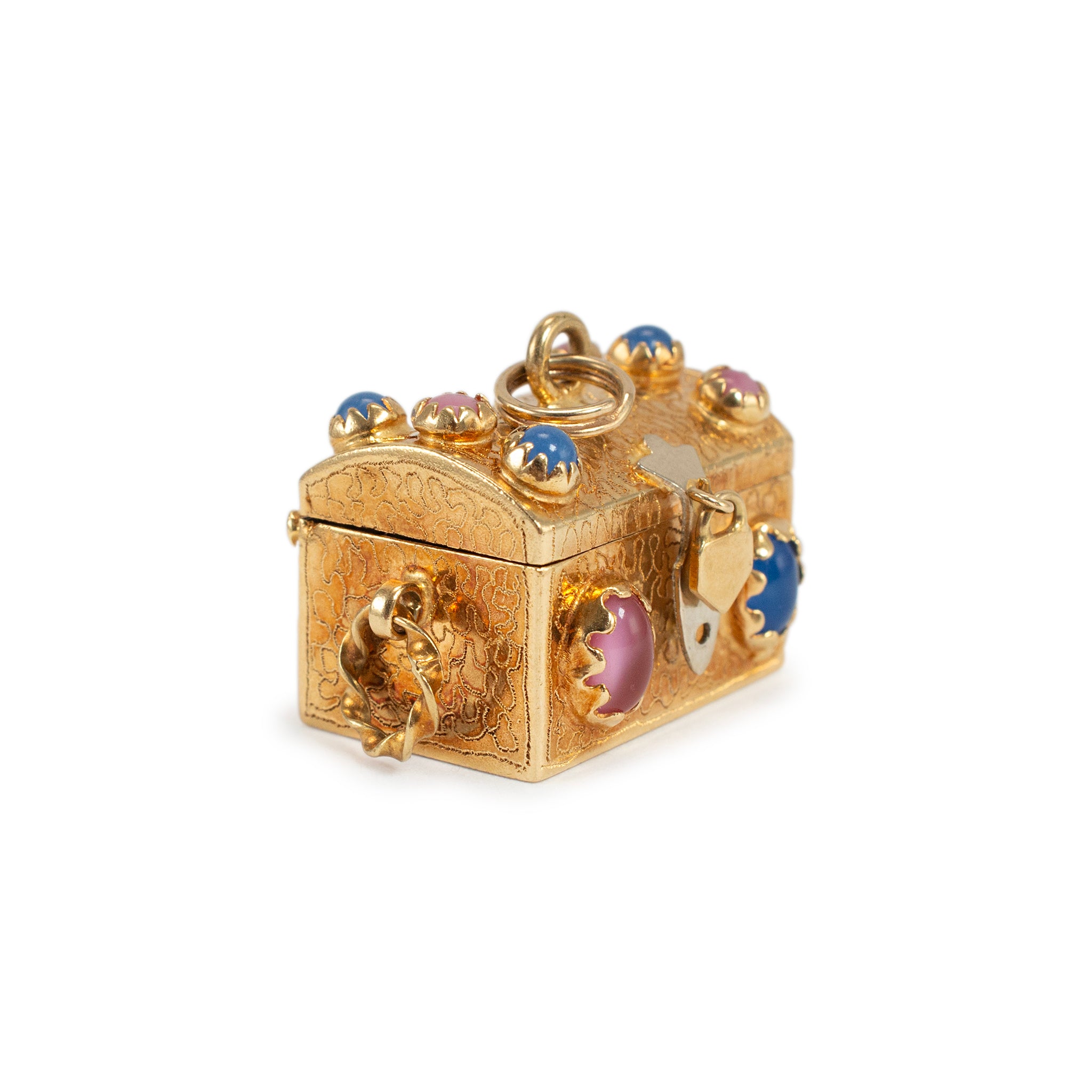 Vintage 18K Yellow Gold Treasure Chest With Multicolored Charm Gems Pendant