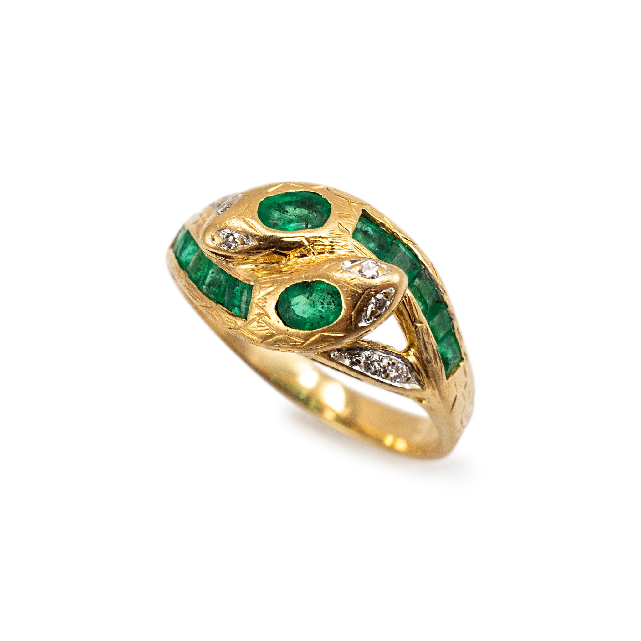 Vintage 18K Yellow Gold Emerald Diamond Bypass Double Snake Cocktail Ring