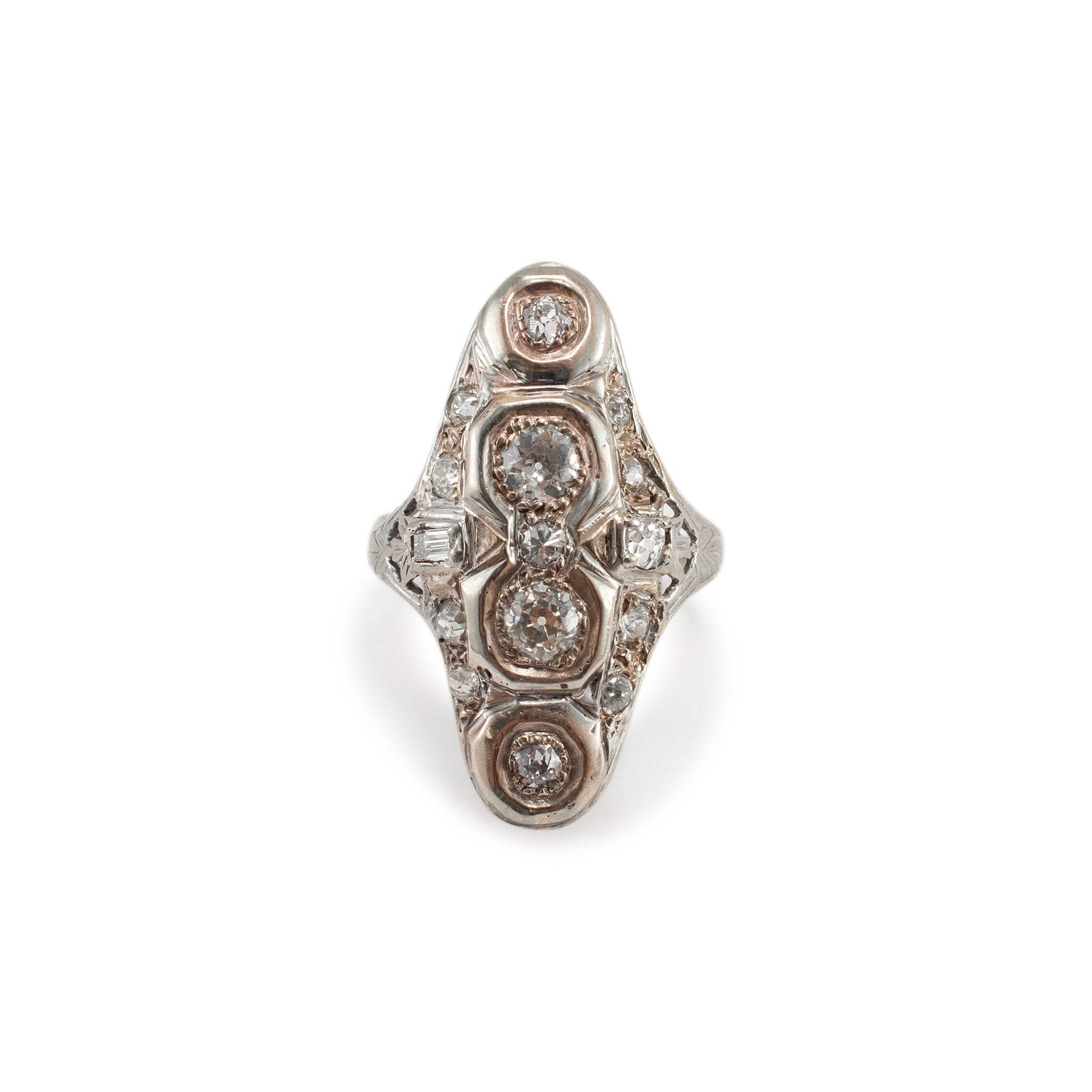 Ladies Antique White Gold Old European & Baguette Diamond Cocktail Ring