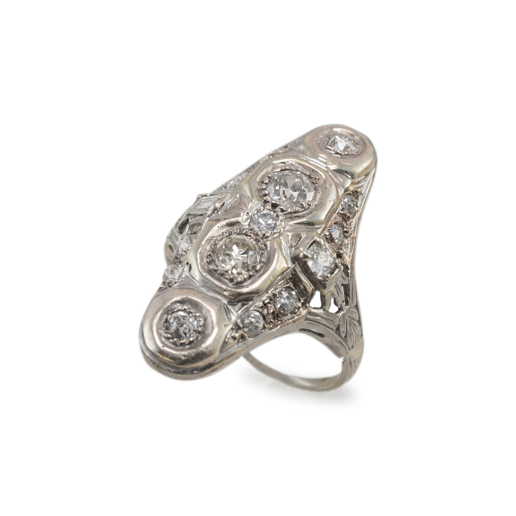 Ladies Antique White Gold Old European & Baguette Diamond Cocktail Ring