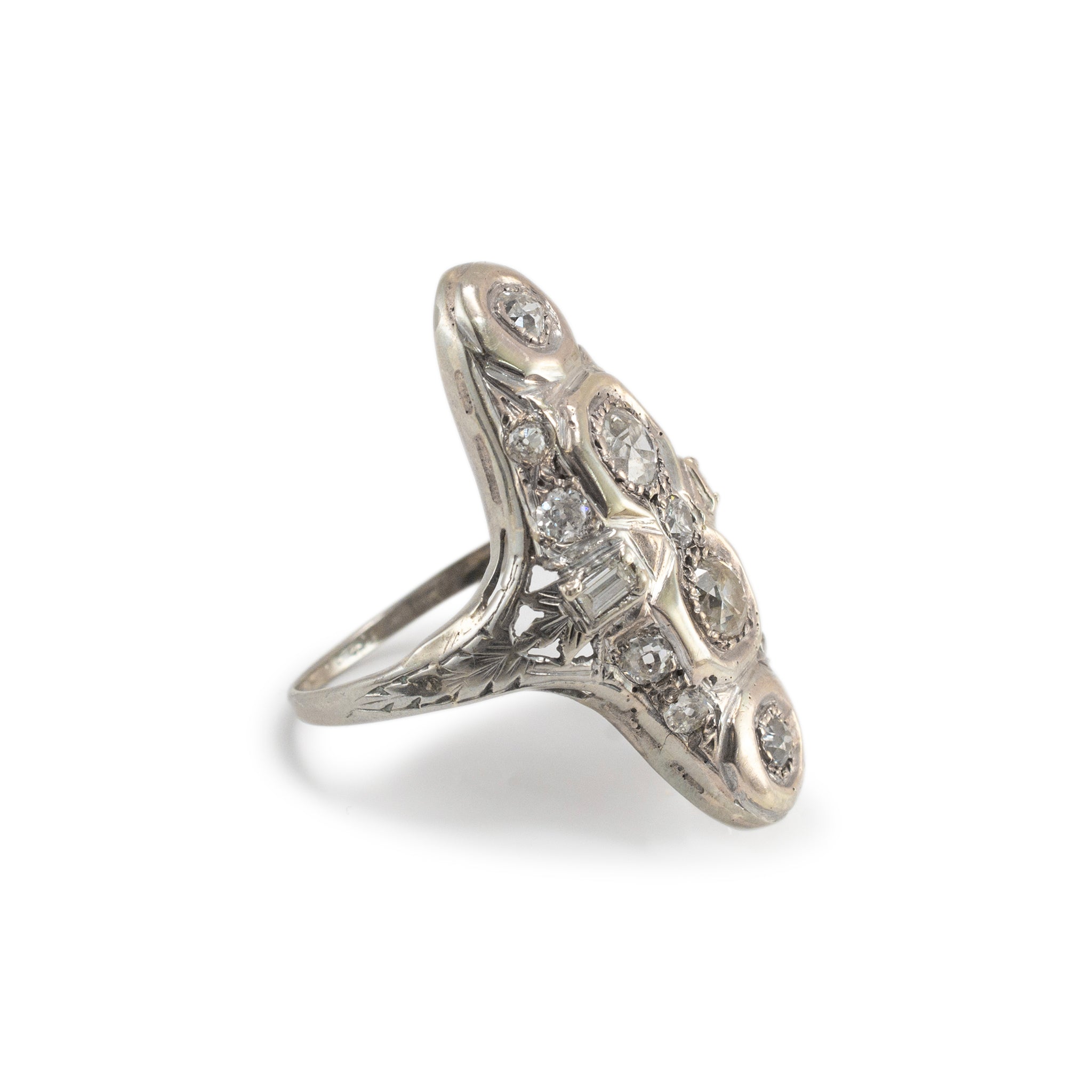 Ladies Antique White Gold Old European & Baguette Diamond Cocktail Ring