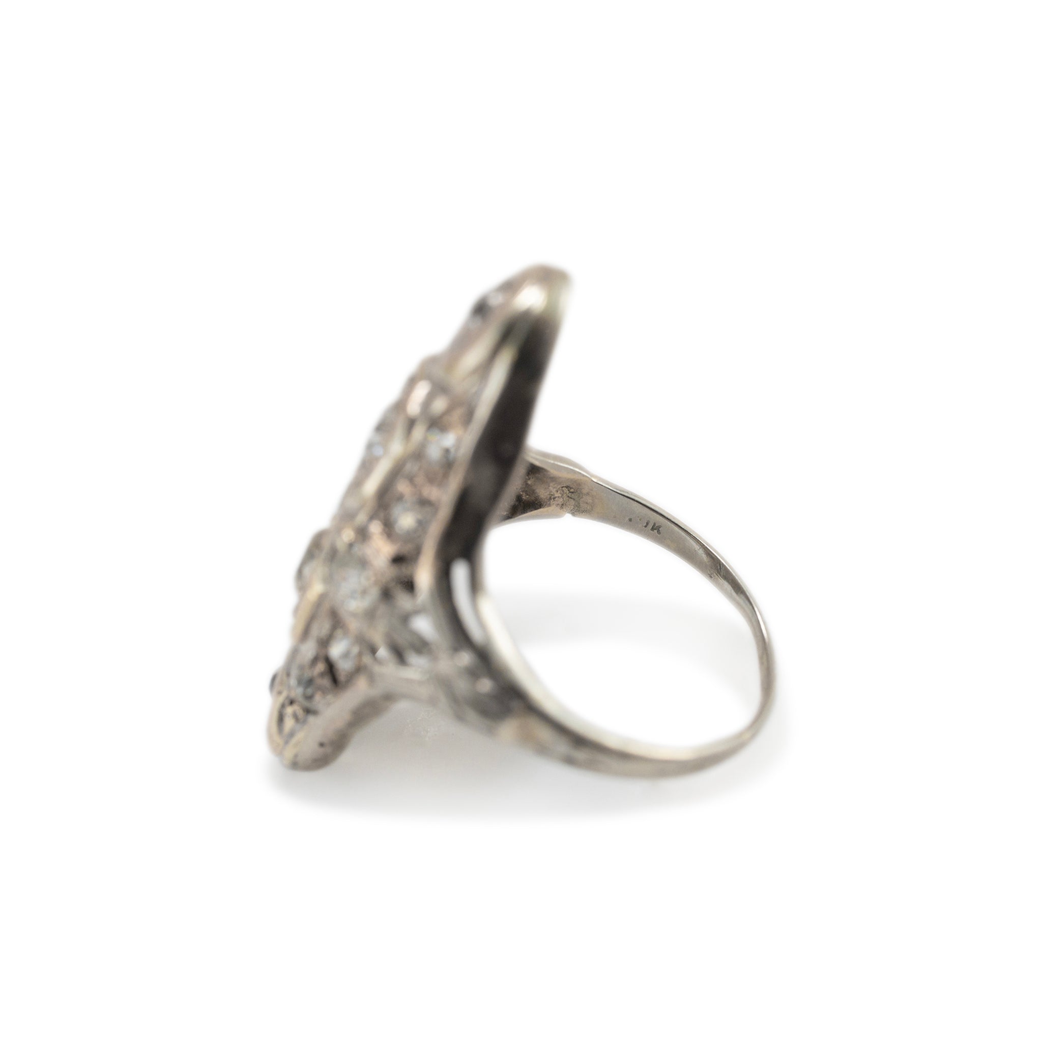 Ladies Antique White Gold Old European & Baguette Diamond Cocktail Ring