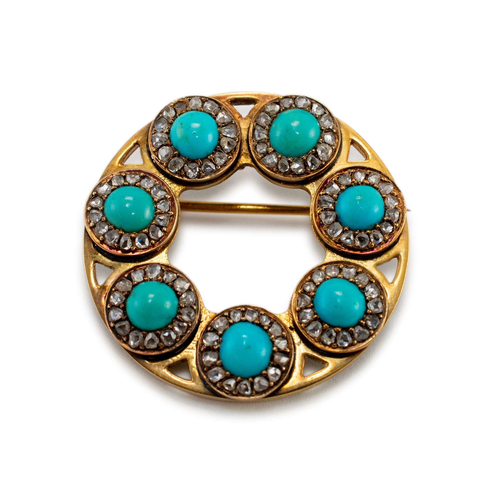 Antique Victorian 18K and 14K Yellow Gold Turquoise Diamond Pin Brooch Pendant