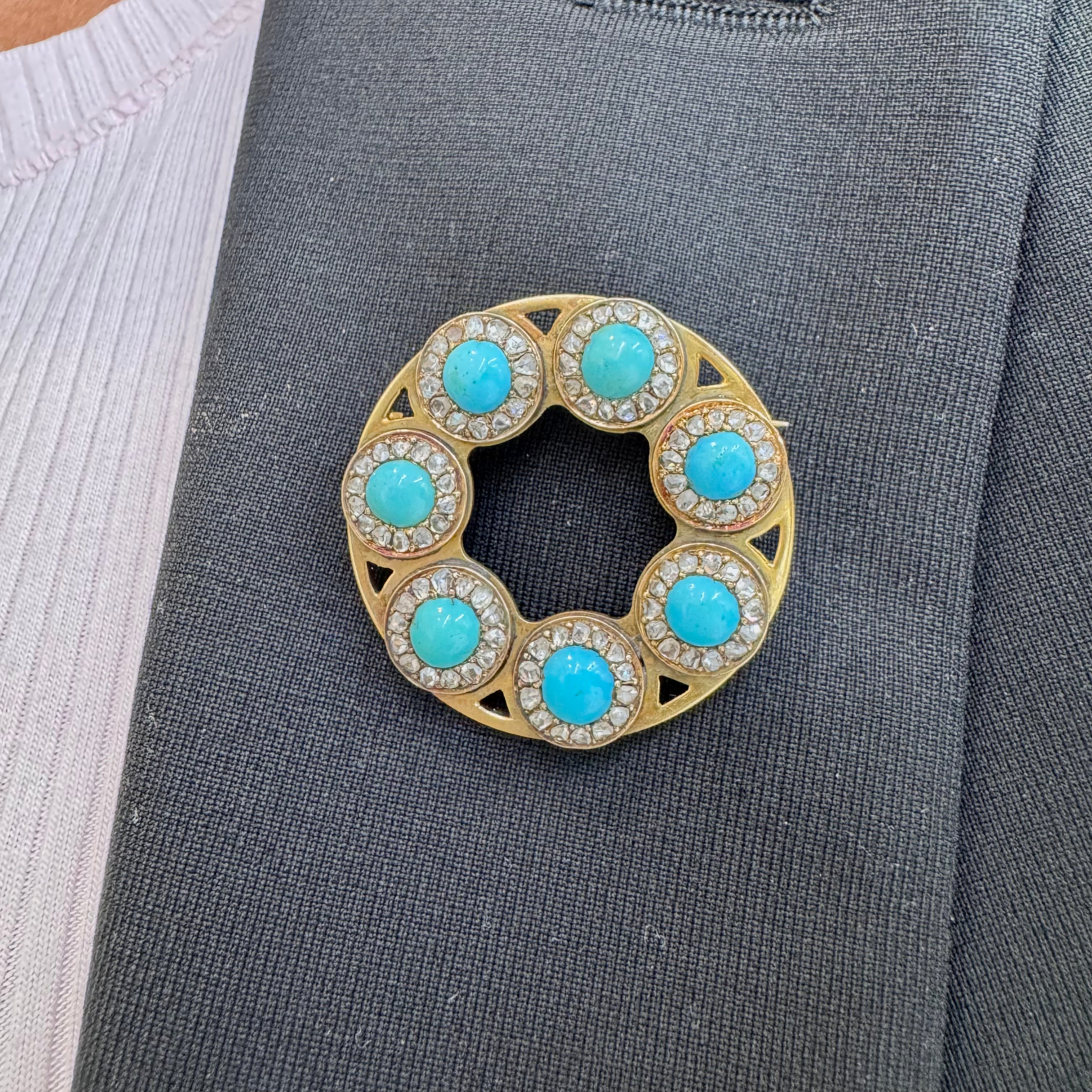 Antique Victorian 18K and 14K Yellow Gold Turquoise Diamond Pin Brooch Pendant