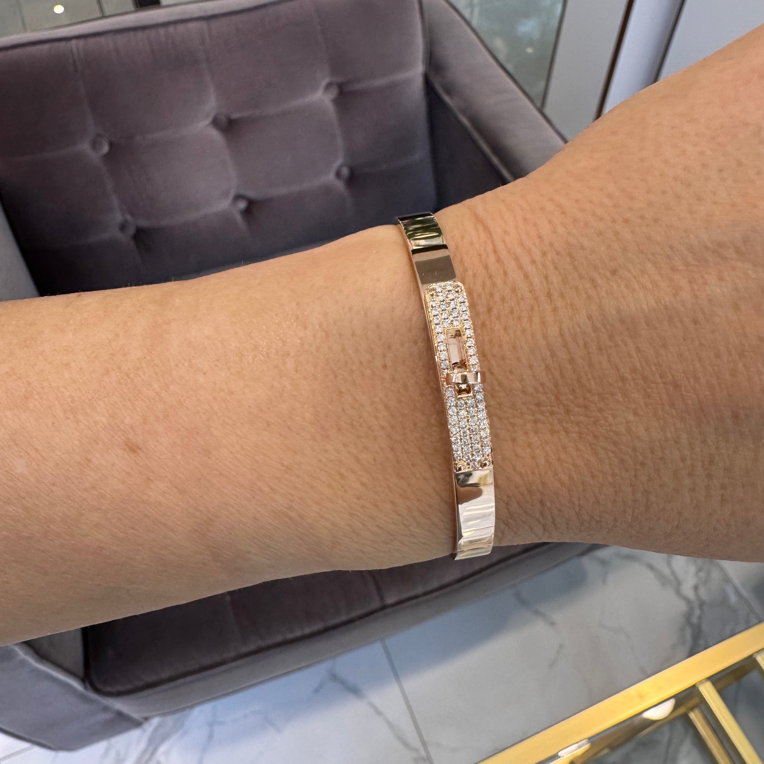 Hermes Paris 18K Rose Gold Diamond Kelly Bangle Bracelet