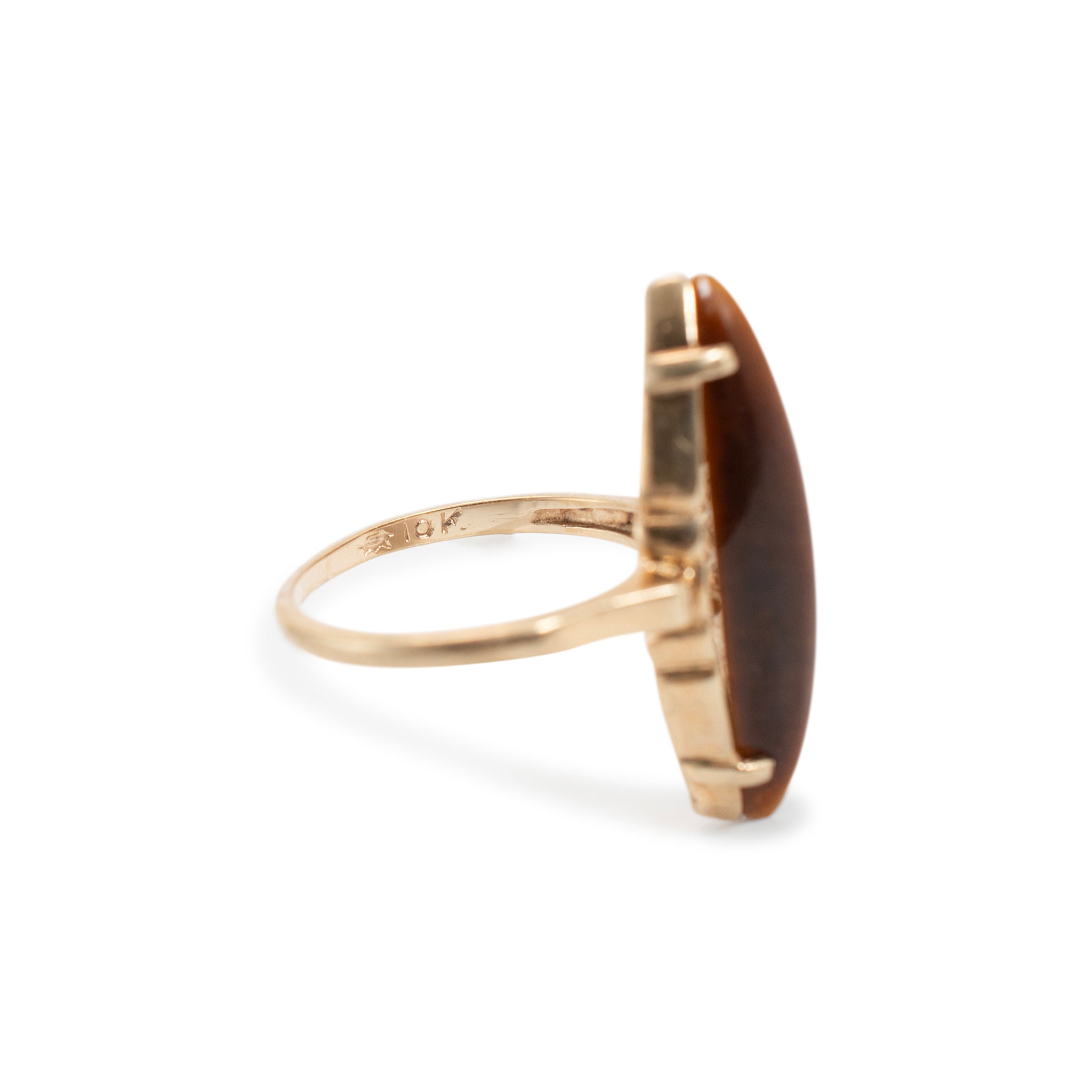 Vintage 10K Yellow Gold Elongated Marquise Shaped Tiger’s Eye Cocktail Ring