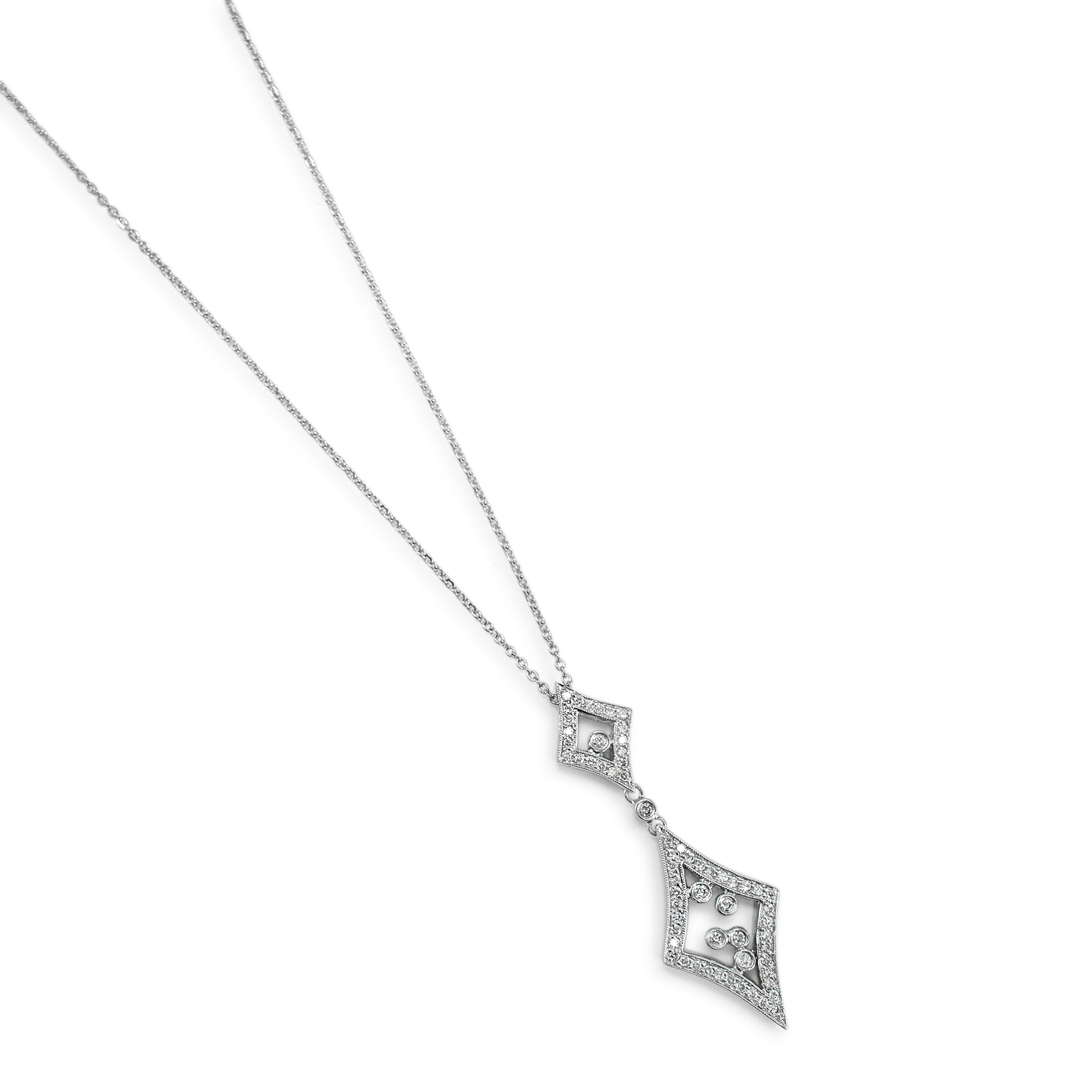 Ladies 14K White Gold Double Rhombus Diamond Drop Pendant Necklace