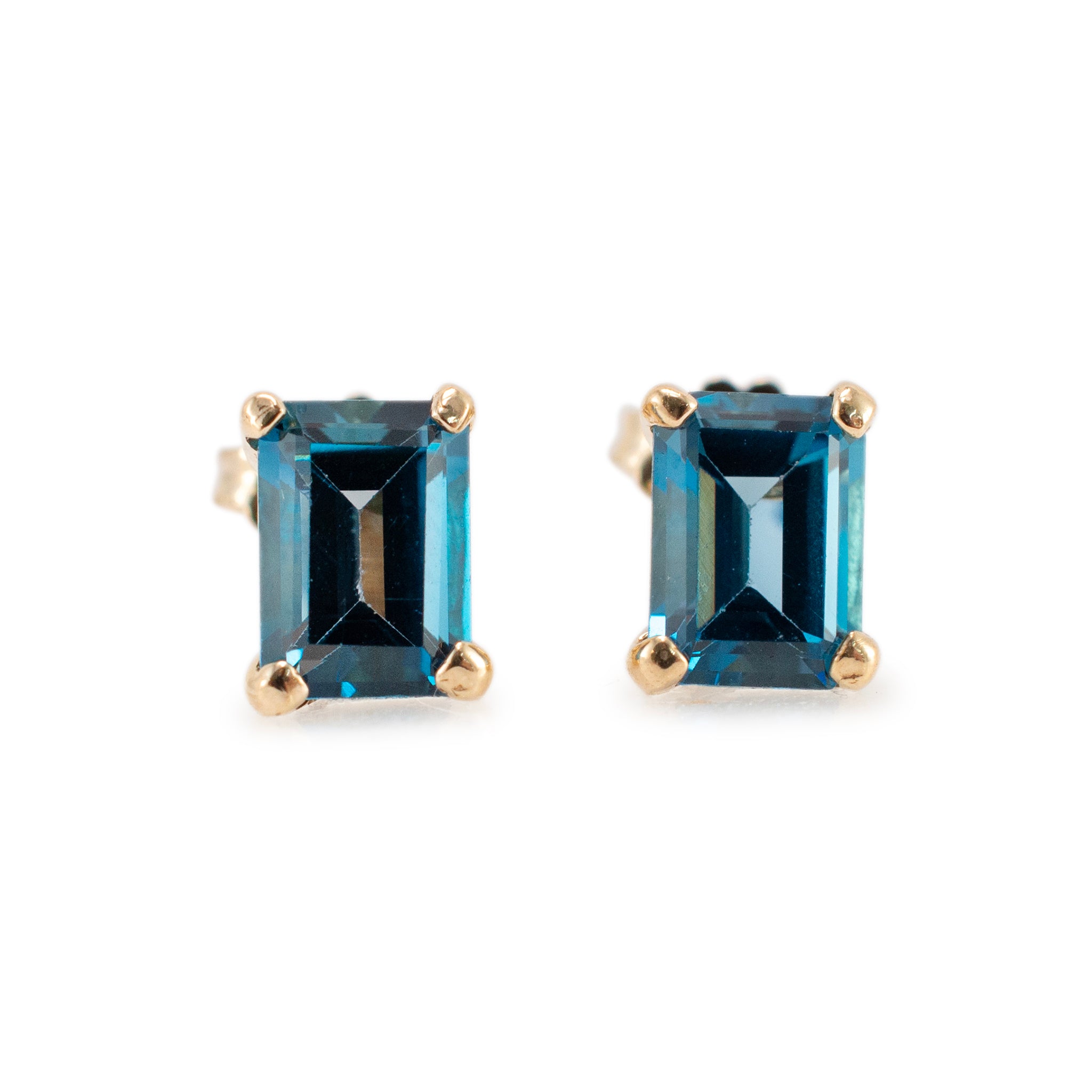 14K Yellow Gold Rectangular Blue Topaz Stud Earrings