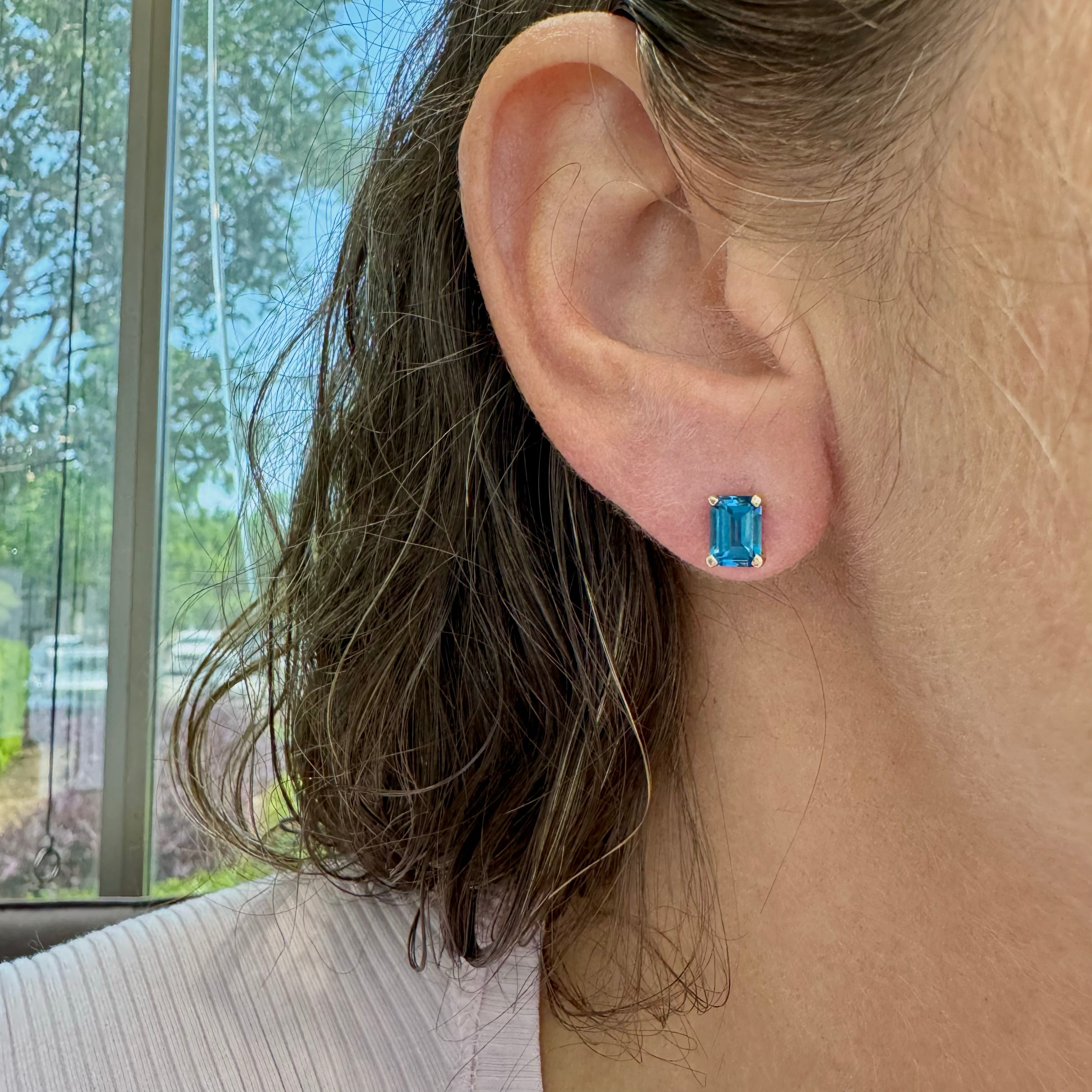14K Yellow Gold Rectangular Blue Topaz Stud Earrings
