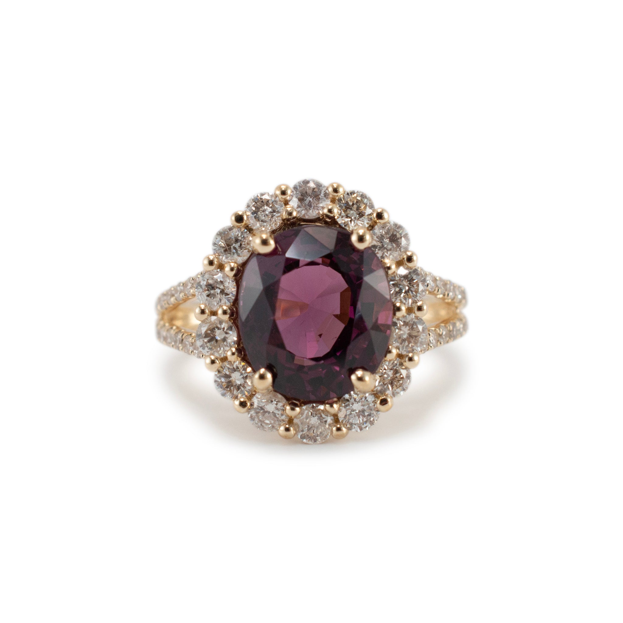 14K Yellow Gold Purple Lab Grown Sapphire Halo Accented Diamond Cocktail Ring