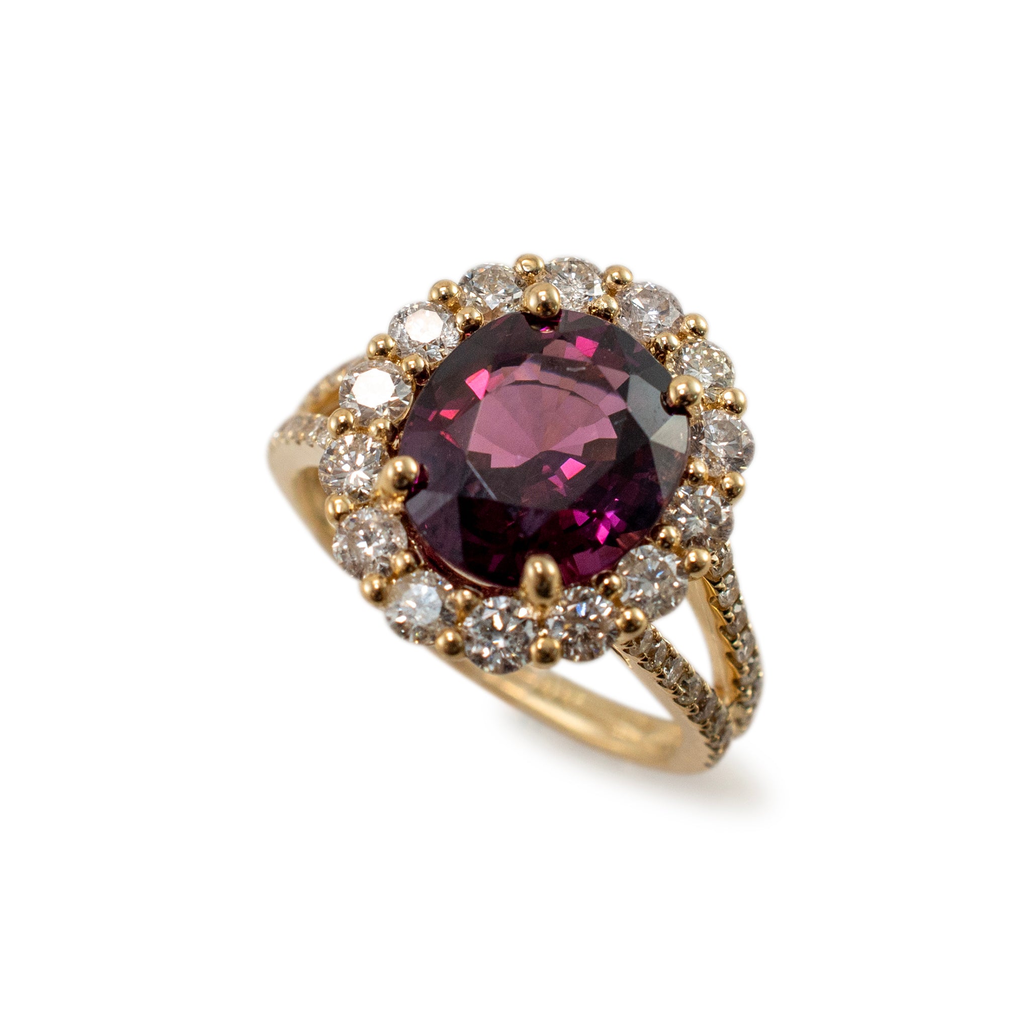 14K Yellow Gold Purple Lab Grown Sapphire Halo Accented Diamond Cocktail Ring