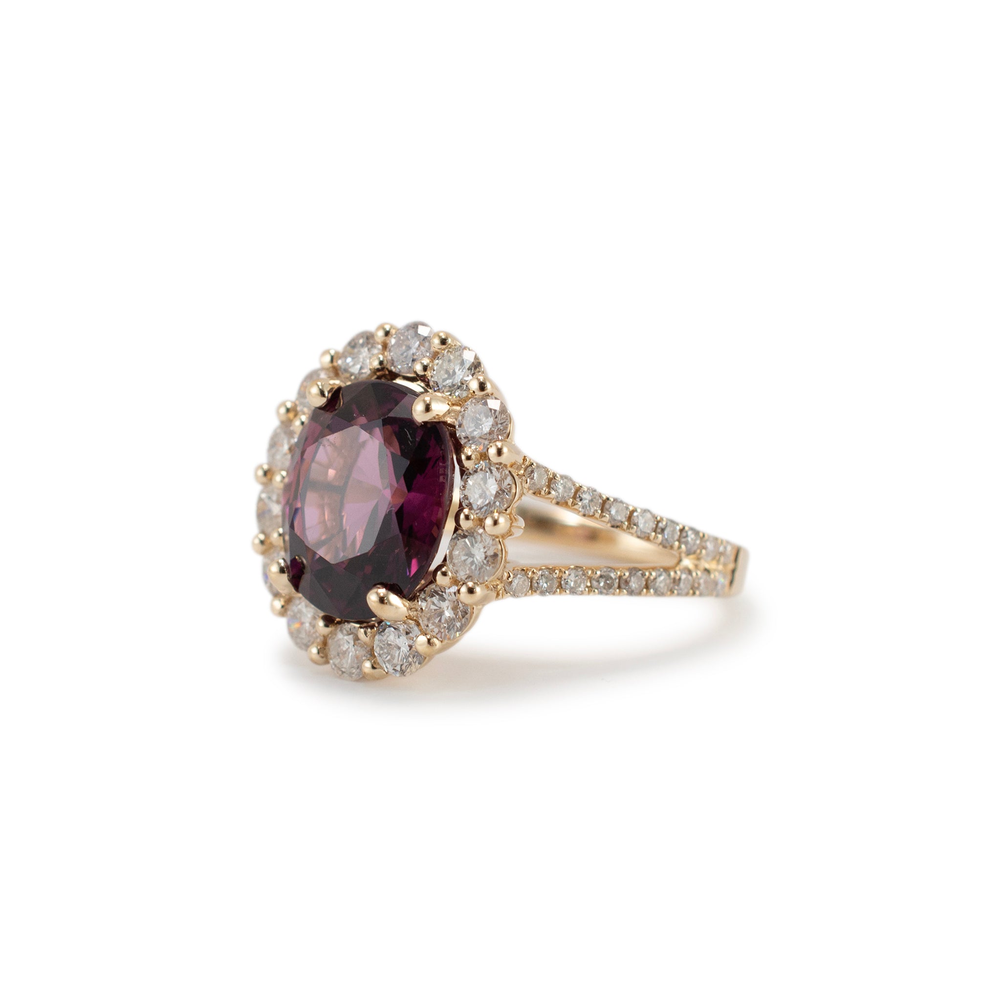 14K Yellow Gold Purple Lab Grown Sapphire Halo Accented Diamond Cocktail Ring