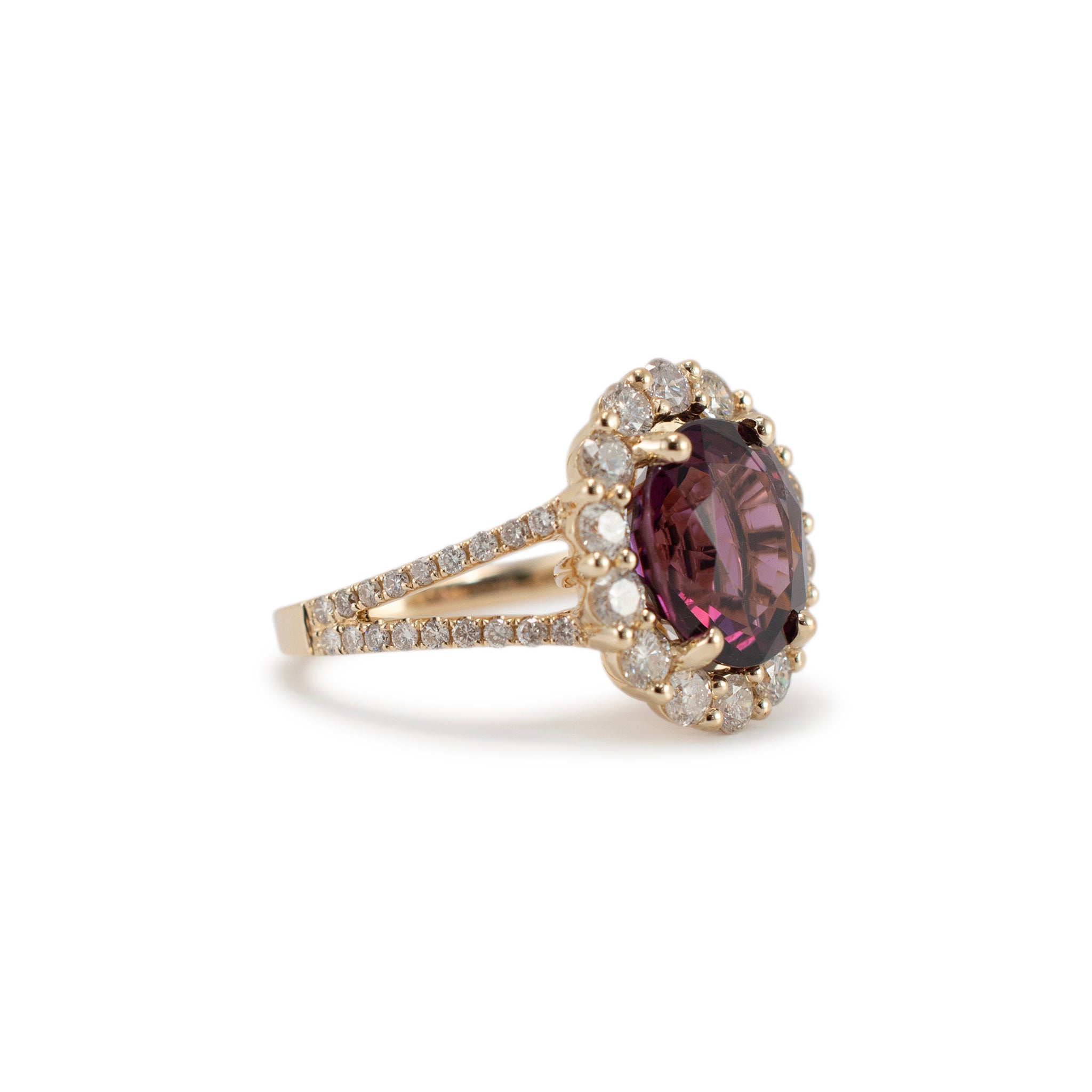 14K Yellow Gold Purple Lab Grown Sapphire Halo Accented Diamond Cocktail Ring