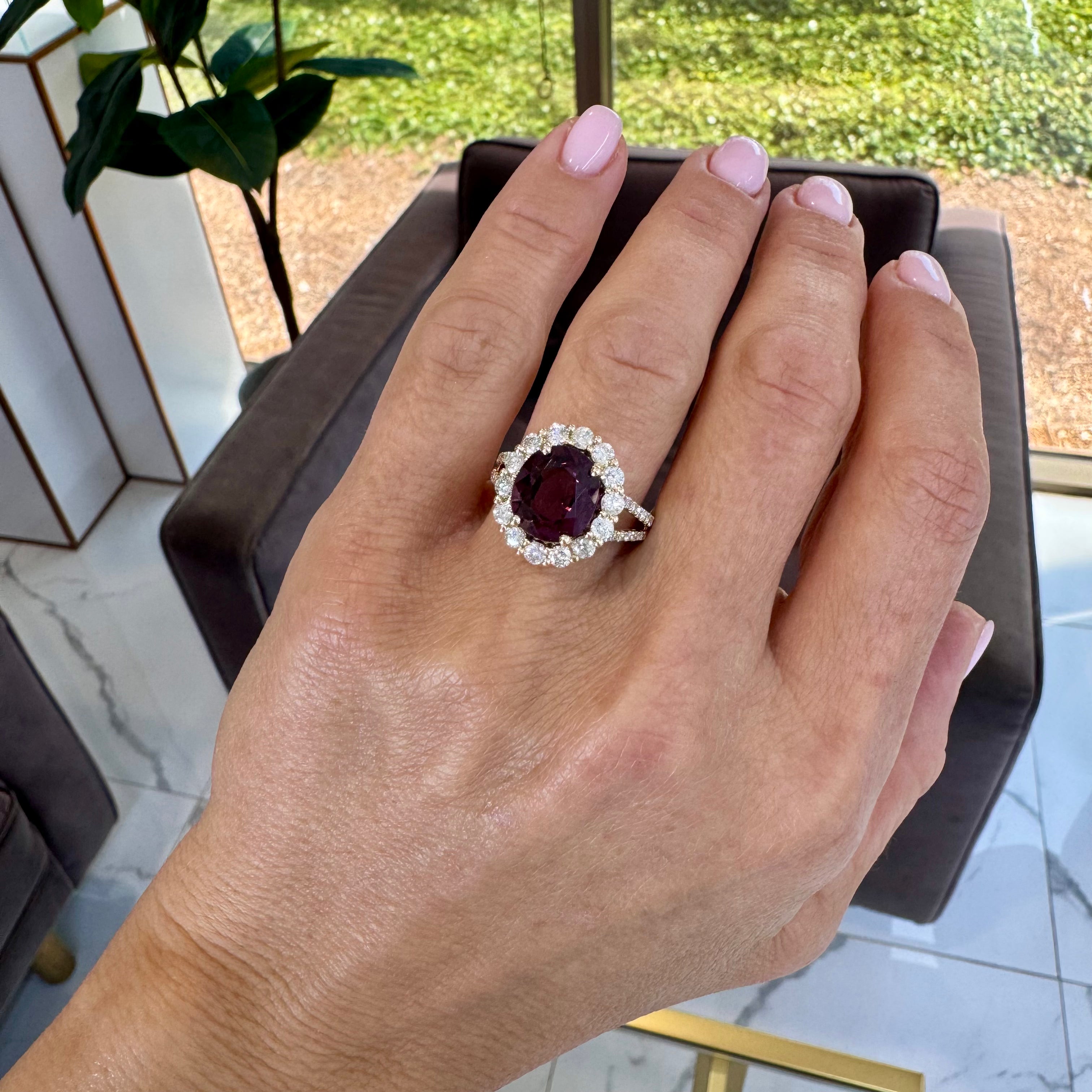 14K Yellow Gold Purple Lab Grown Sapphire Halo Accented Diamond Cocktail Ring