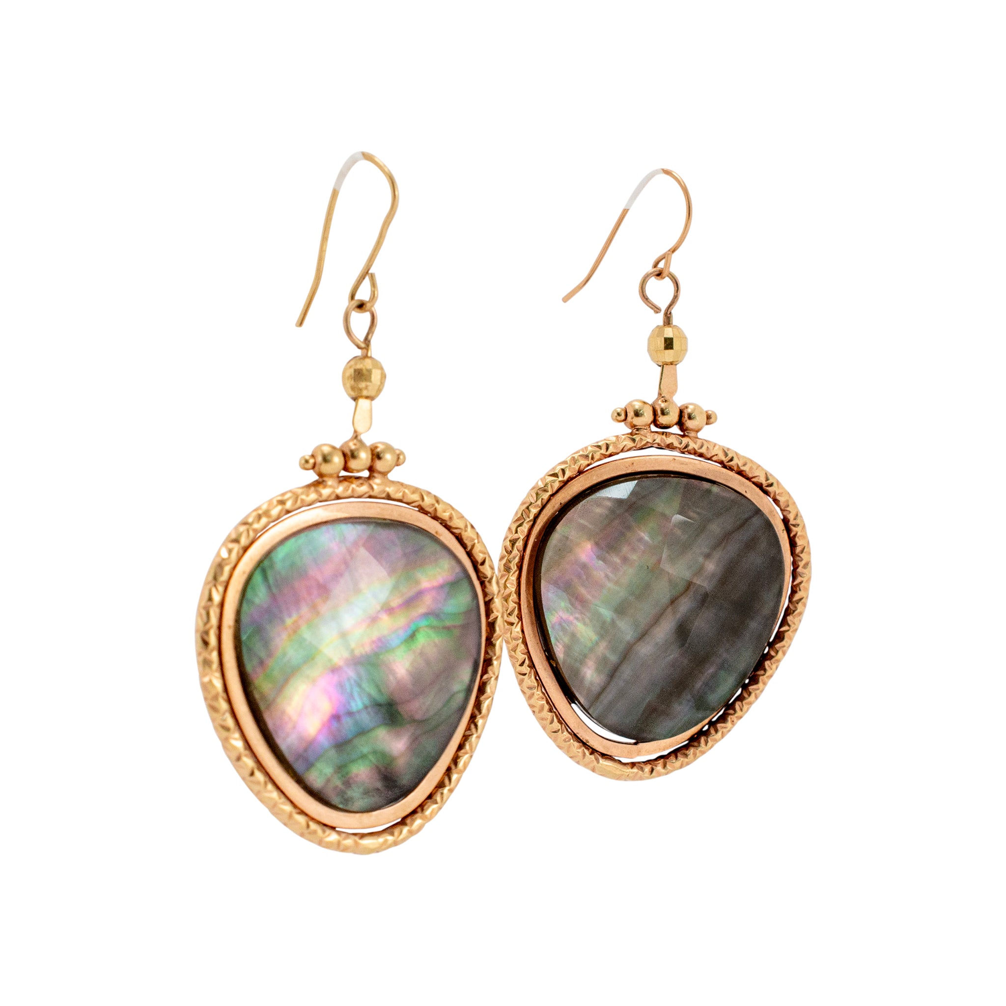Ladies 14K Yellow Gold Labradorite Textured Drop Dangle Earrings