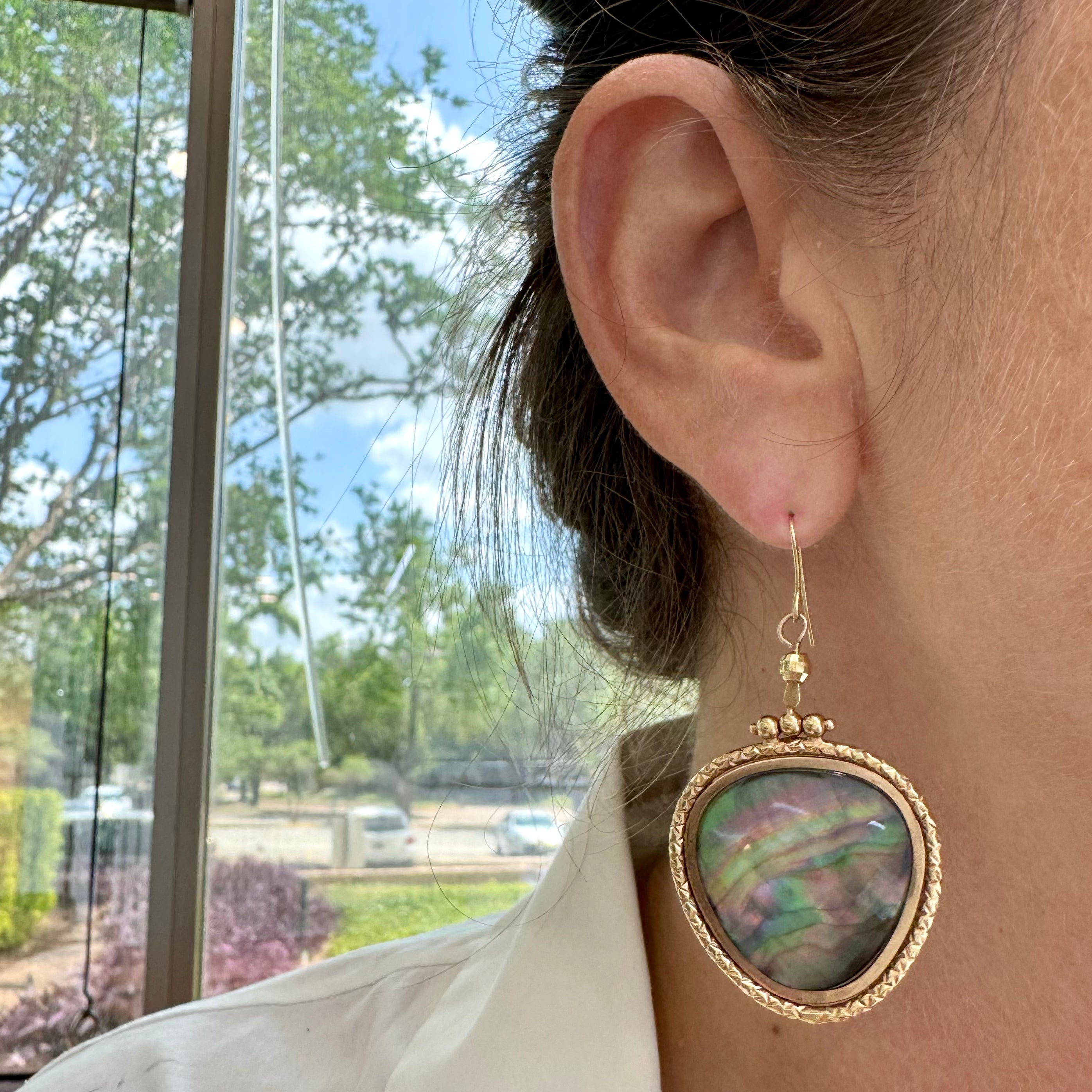 Ladies 14K Yellow Gold Labradorite Textured Drop Dangle Earrings