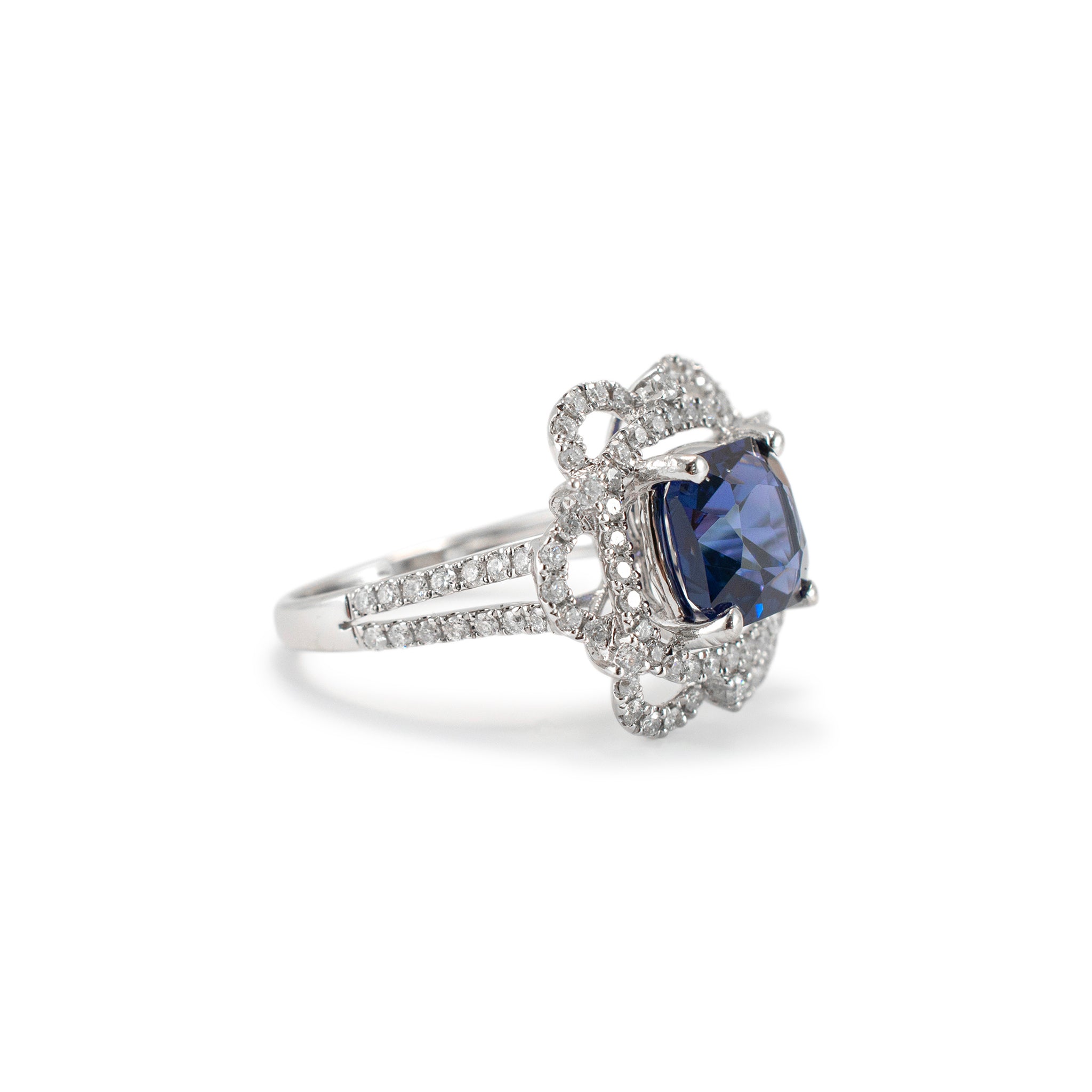 Ladies 14K White Gold Blue Spinel Halo Diamond Flower Cocktail Ring