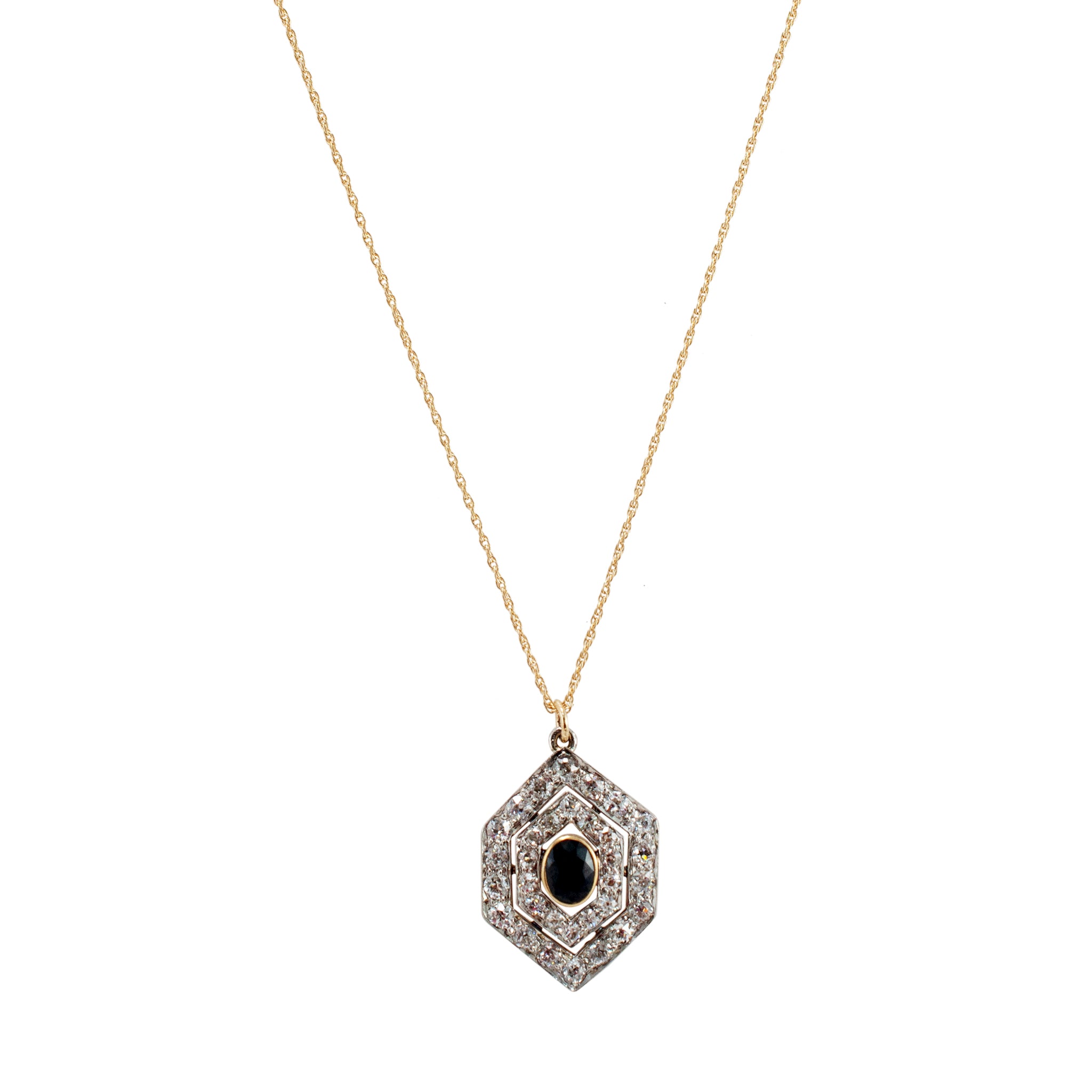 Antique 14K Yellow Gold Sapphire Diamond Drop Pendant Necklace