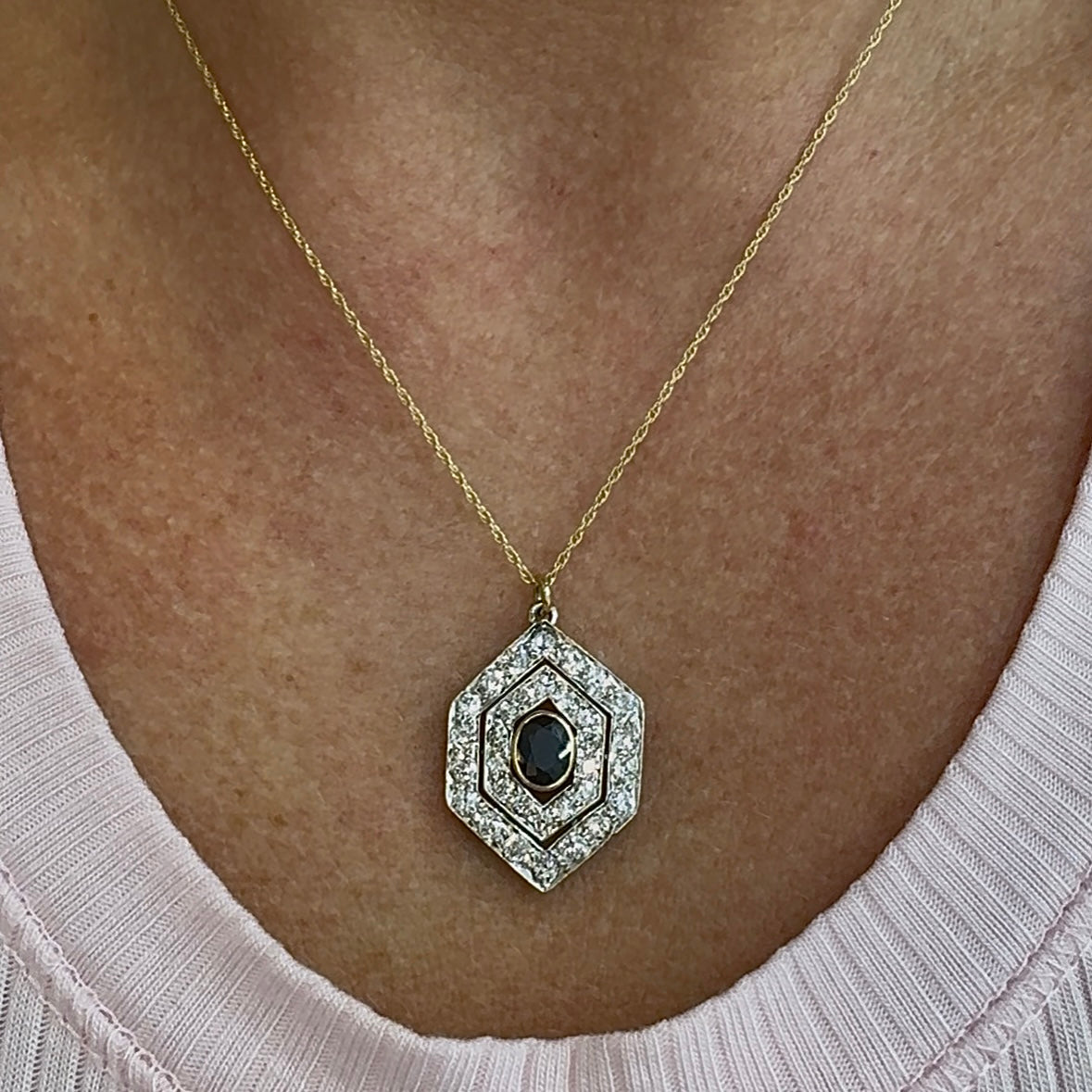 Antique 14K Yellow Gold Sapphire Diamond Drop Pendant Necklace